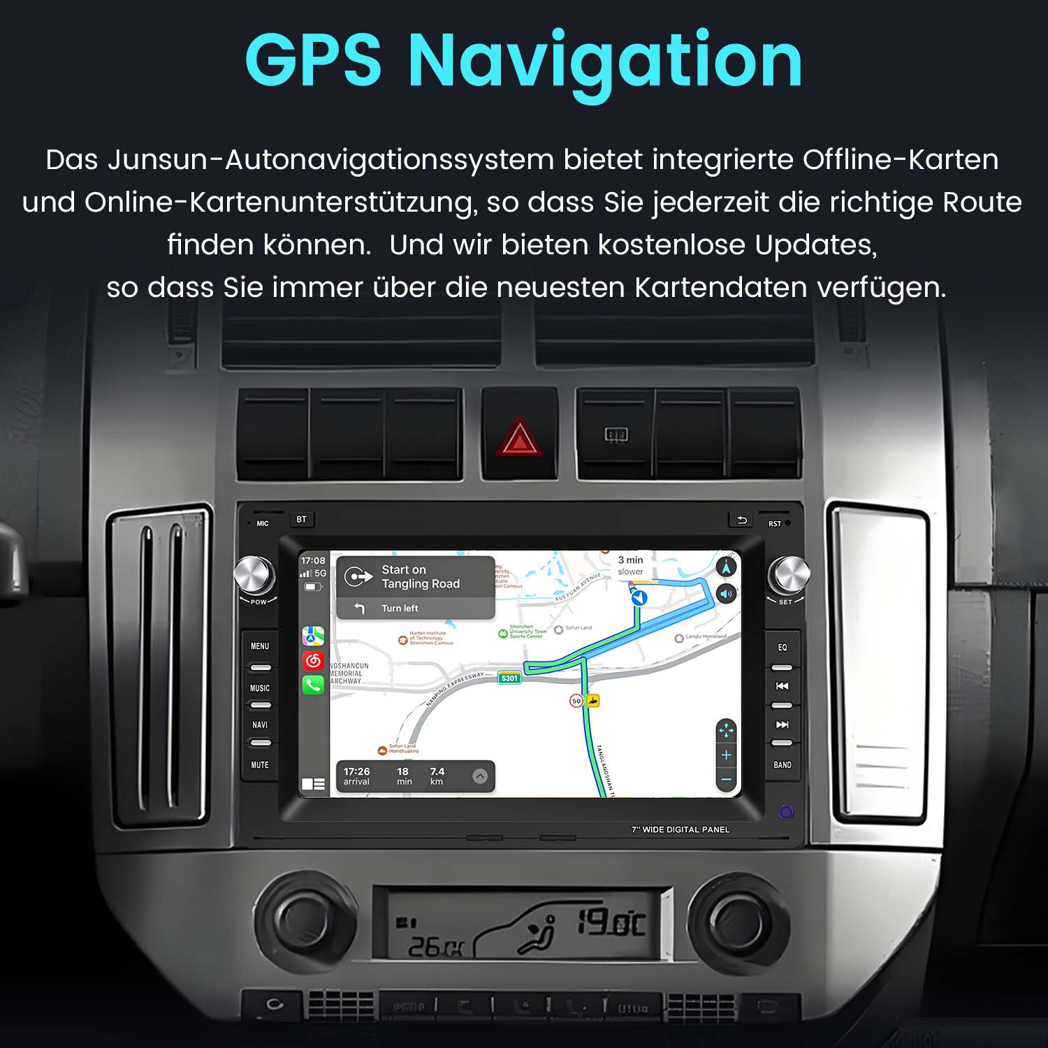 Das Navigationssystem eines Autos zeigt eine Karte mit Wegbeschreibungen auf einem breiten digitalen Panel.