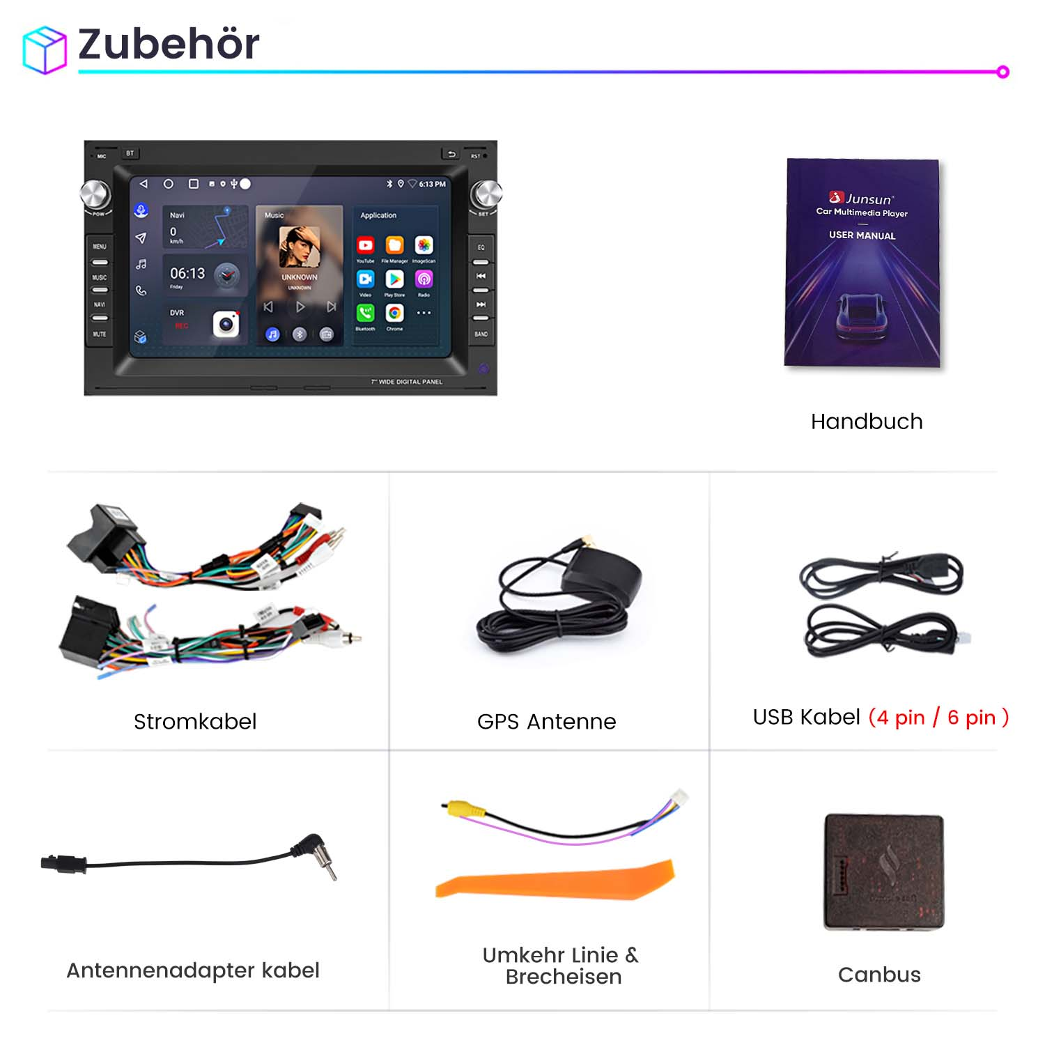 Komponenten des Car-Multimedia-Systems, einschließlich Bildschirm, Kabel und Handbuch.