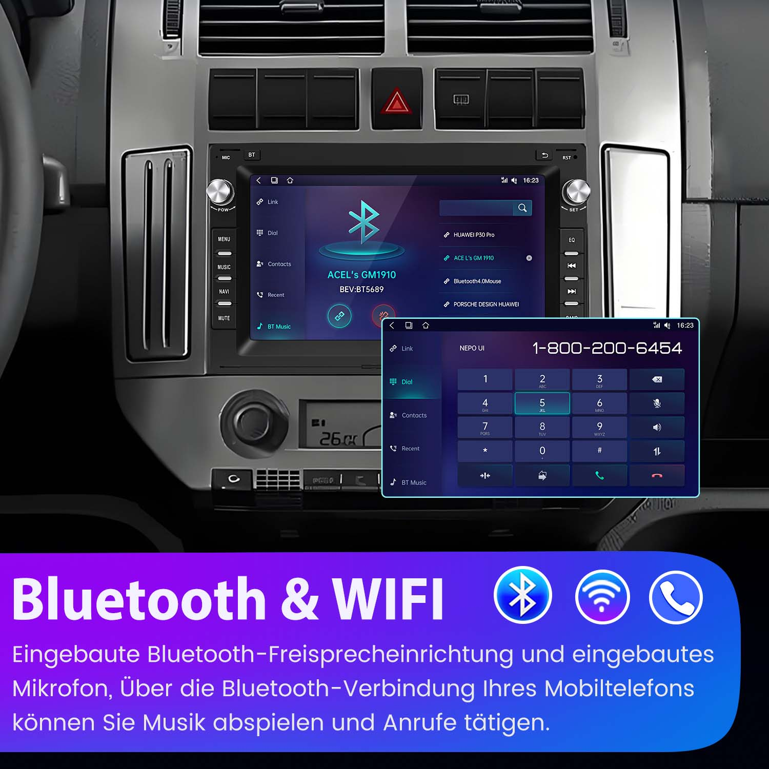 Auto-Multimedia-System-Anzeige mit Telefon-Oberfläche und Ziffernblock. Schwarz- und Blautöne.