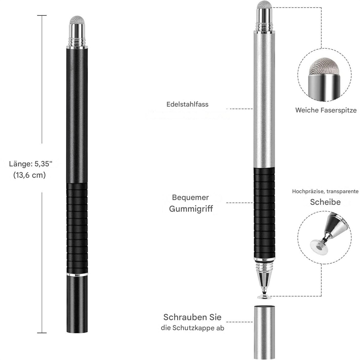 Zwei Stifte, schwarz und silber, mit Details der Spitze und einem Schnittbild mit Abmessungen.