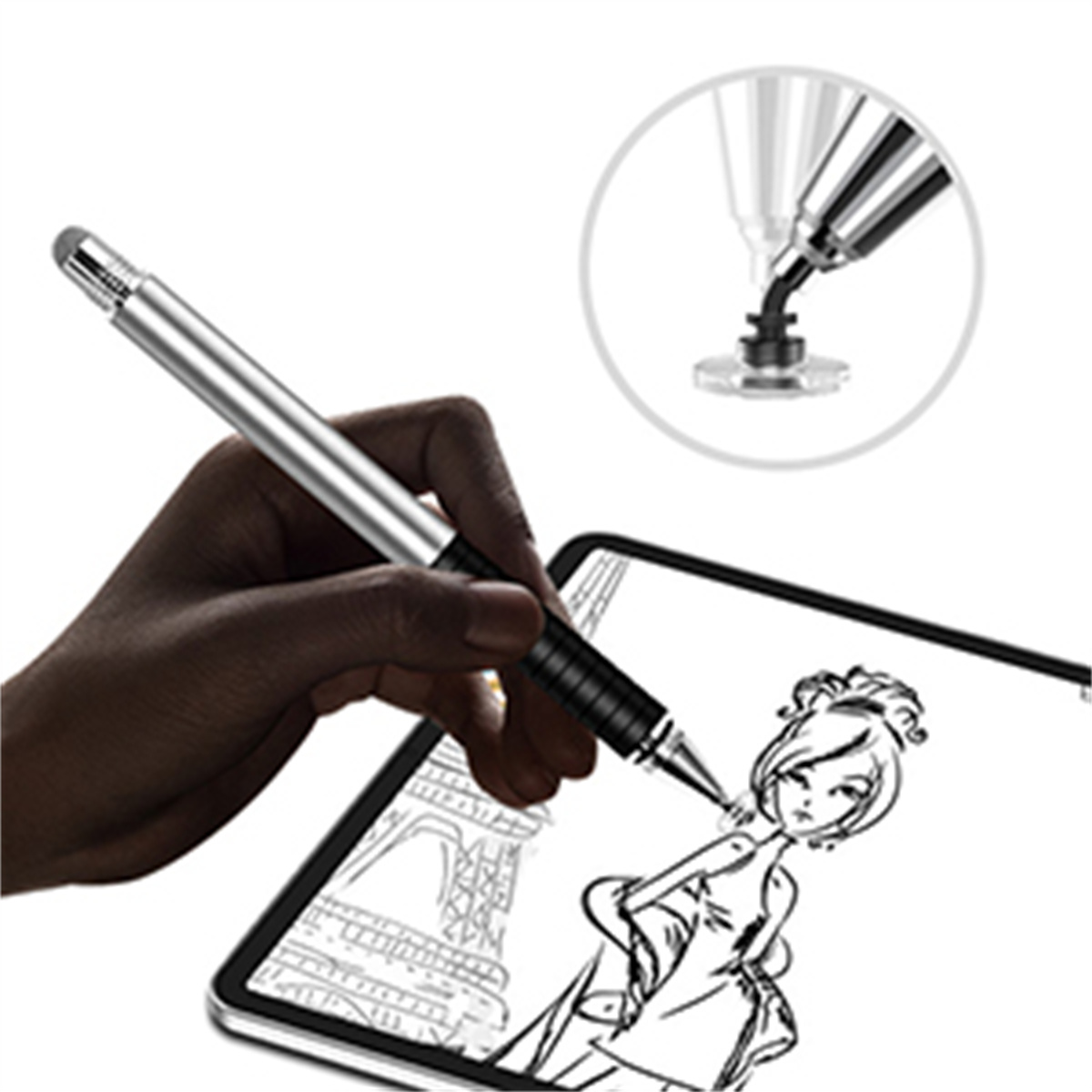 Eine Hand, die einen silbernen Stift über einem Tablet hält und eine Skizze einer Frau zeichnet.