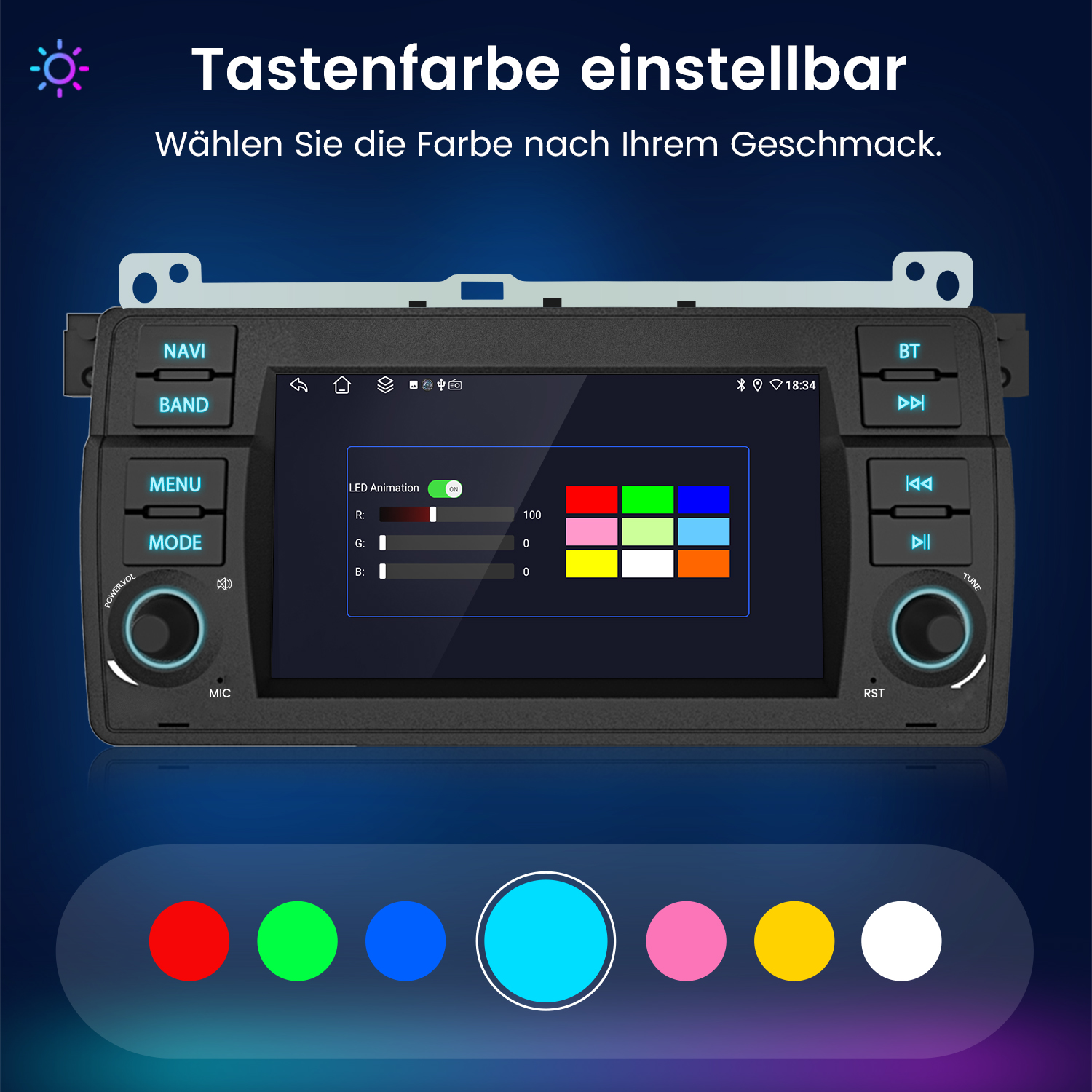 Autoradio mit einstellbaren Tastenfarben, einschließlich Bildschirm und verschiedenen Farboptionen.