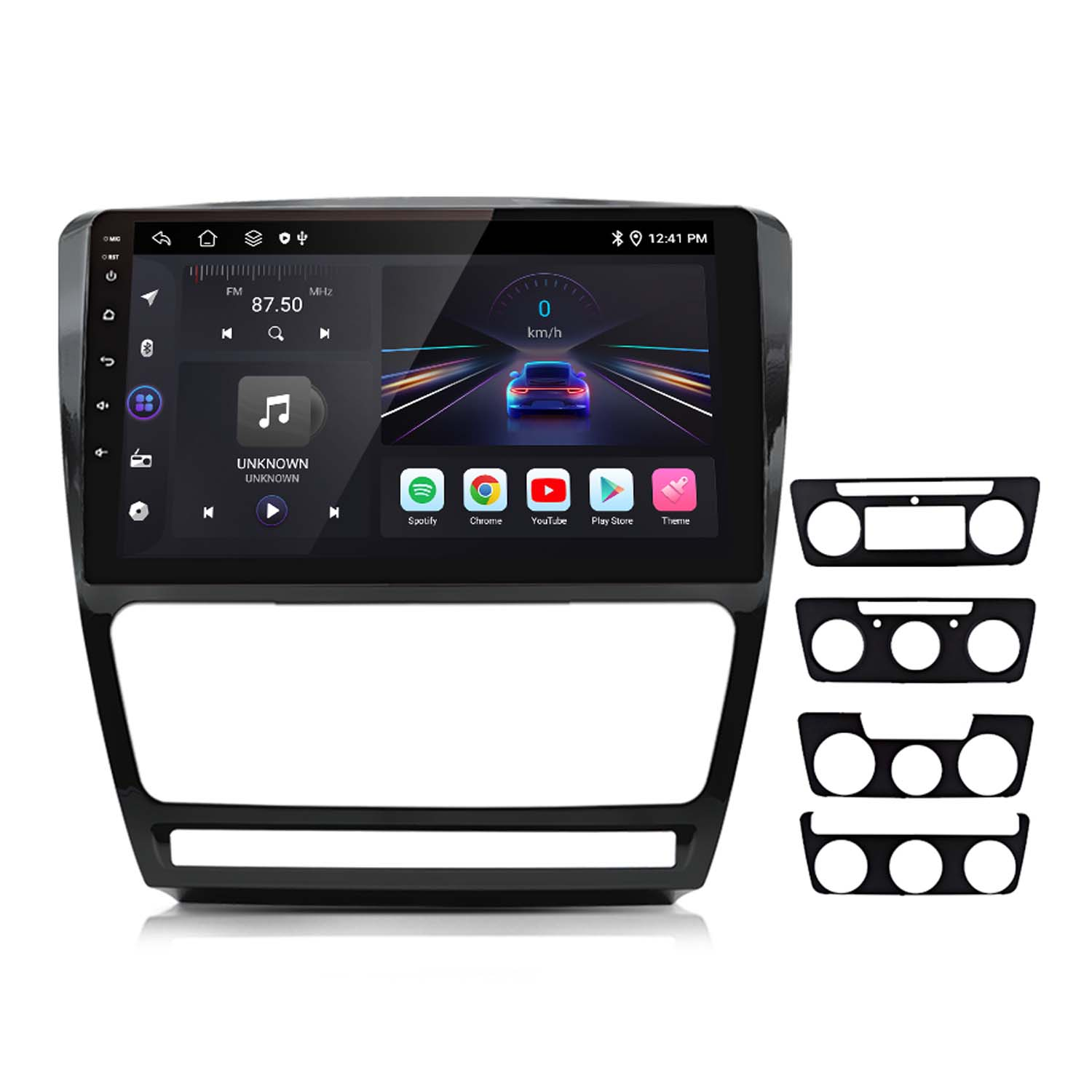 Radio samochodowe z ekranem dotykowym, wyświetlane są różne ikony. Zawiera czarną ramkę i elementy wykończeniowe.