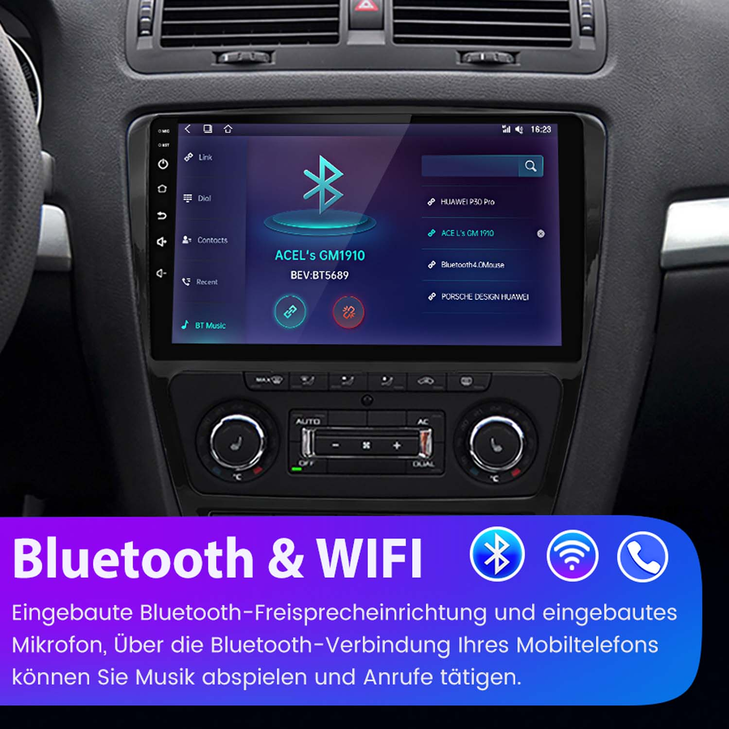 Radio samochodowe z ekranem dotykowym. Ekran wyświetla interfejs Bluetooth. Tło to deska rozdzielcza samochodu.