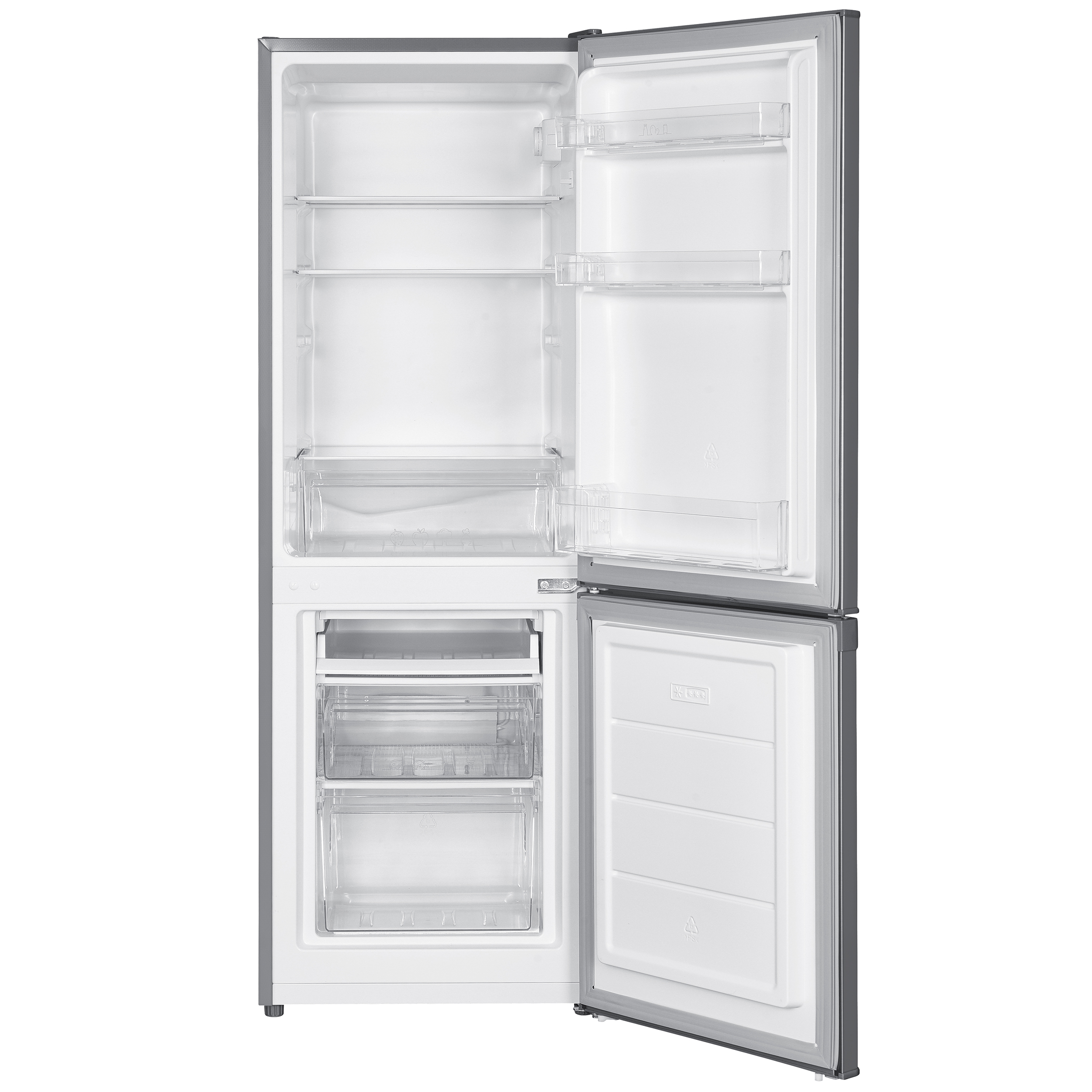 Ein offener weißer Kühlschrank mit Regalen und Schubladen. Die Gefriertür ist geöffnet.