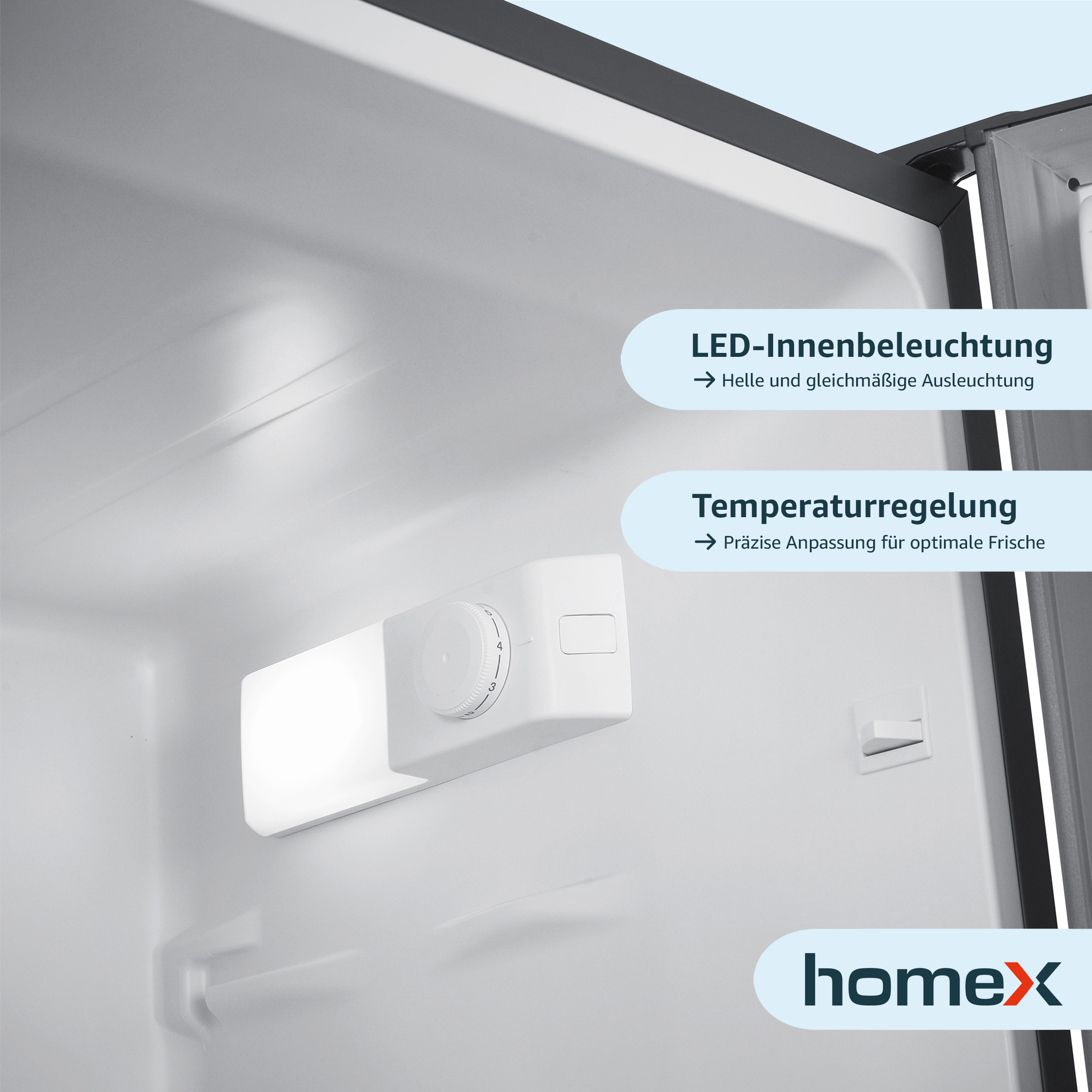 Im Inneren eines Kühlschranks mit Licht und Temperaturregler. Textetiketten sind vorhanden.
