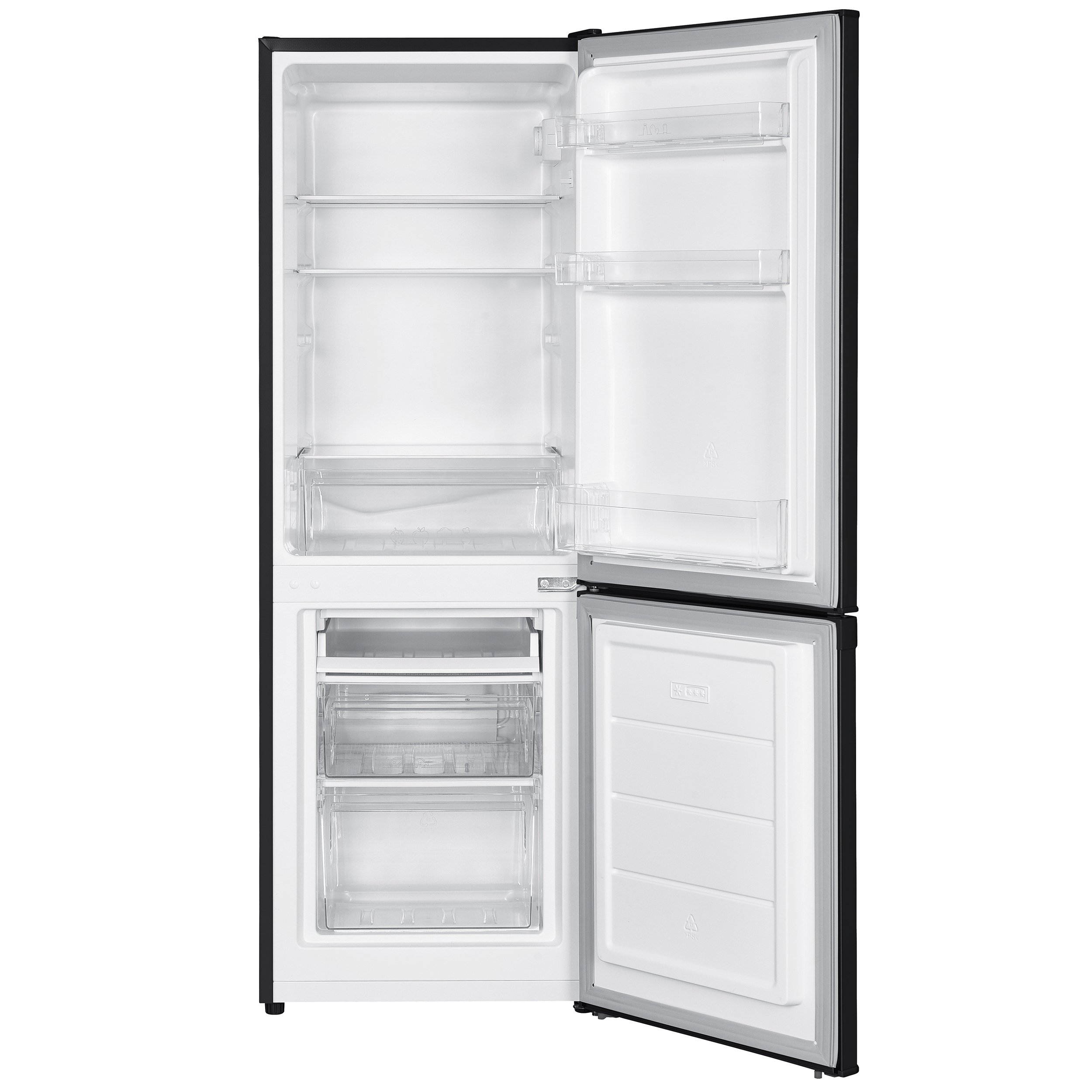 Ein schwarzer Kühlschrank mit geöffneten Türen, der Regale, Schubladen und Gefrierfächer zeigt.