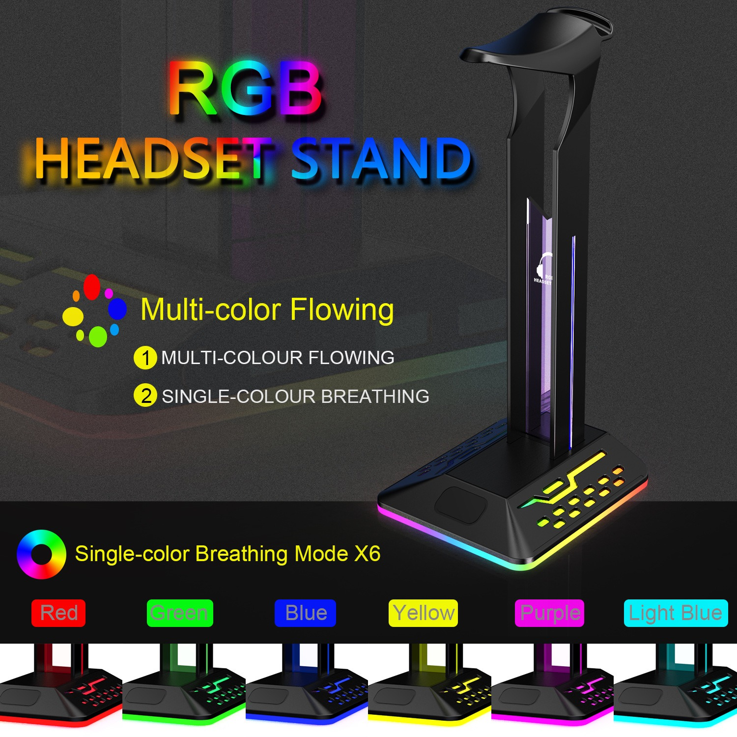 RGB-Headset-Ständer mit verschiedenen Farben. Text sagt RGB-Headset-Ständer.