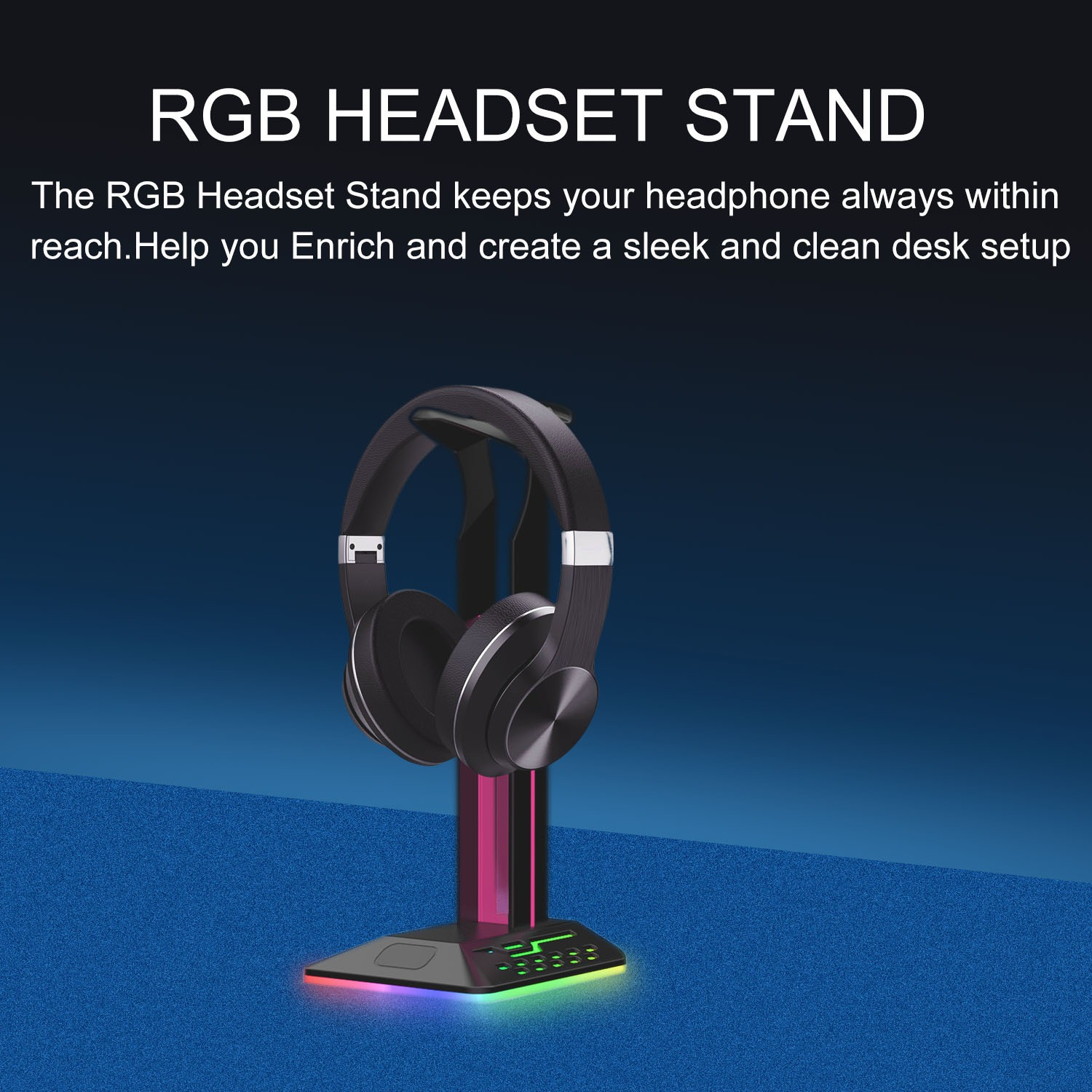 Ein RGB-Headset-Ständer mit einem Headset. Der Ständer hat bunte Lichter an der Basis.