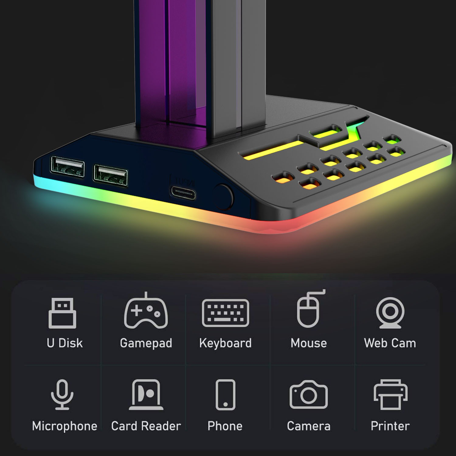 Eine Spielekonsolenbasis mit USB-Anschlüssen, Lichtern und Symbolen für verschiedene Geräte.