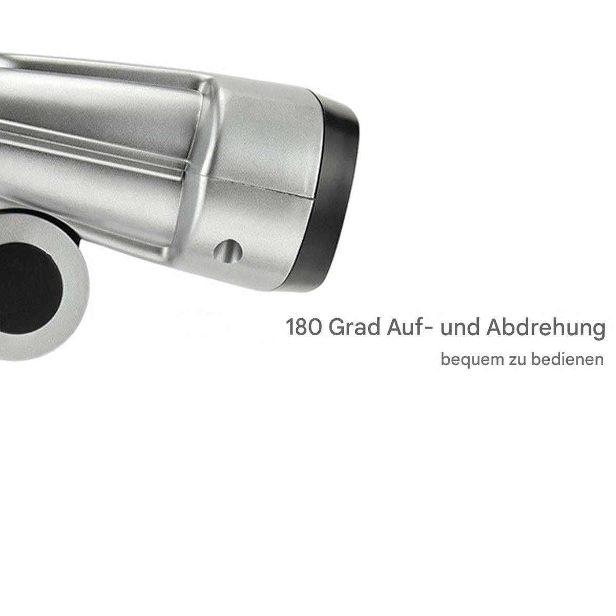 Silber-schwarzes Gerät mit Text '180 Grad Auf- und Abdrehung bequem zu bedienen'.