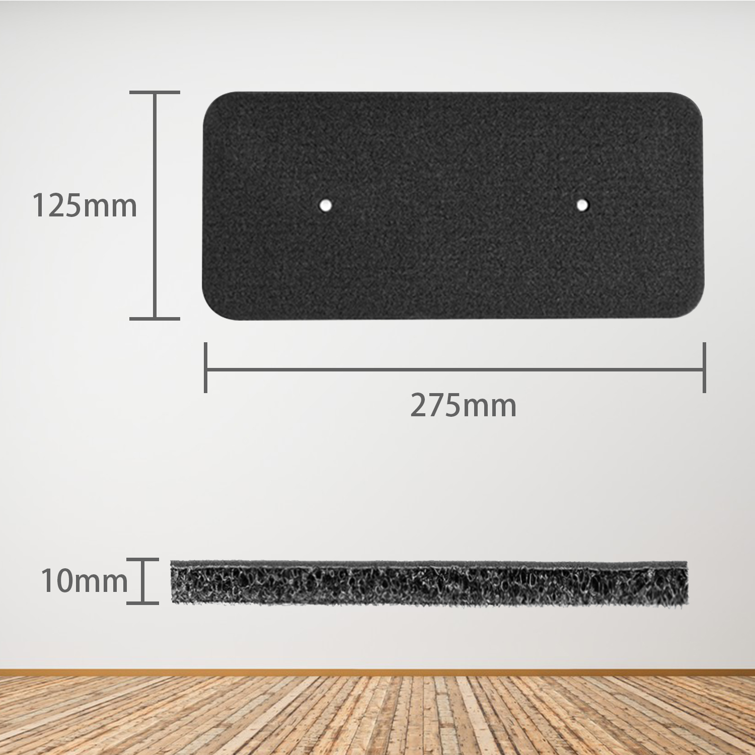 Czarna płyta piankowa. Wymiary: 275mm długości, 125mm wysokości, i 10mm grubości. Białe tło.