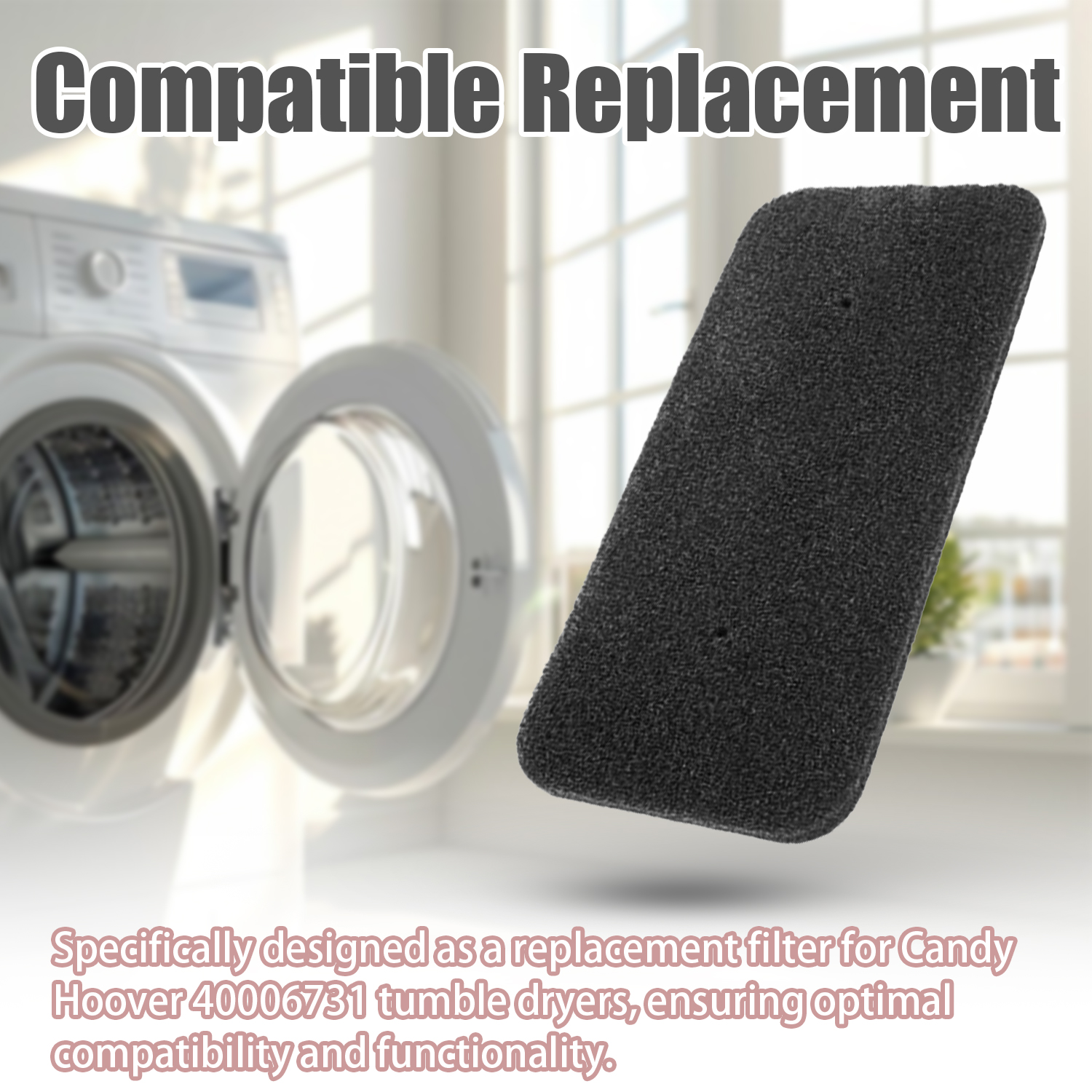 Czarny filtr do suszarek bębnowych. Tekst opisuje go jako zamiennik do suszarek Candy Hoover.