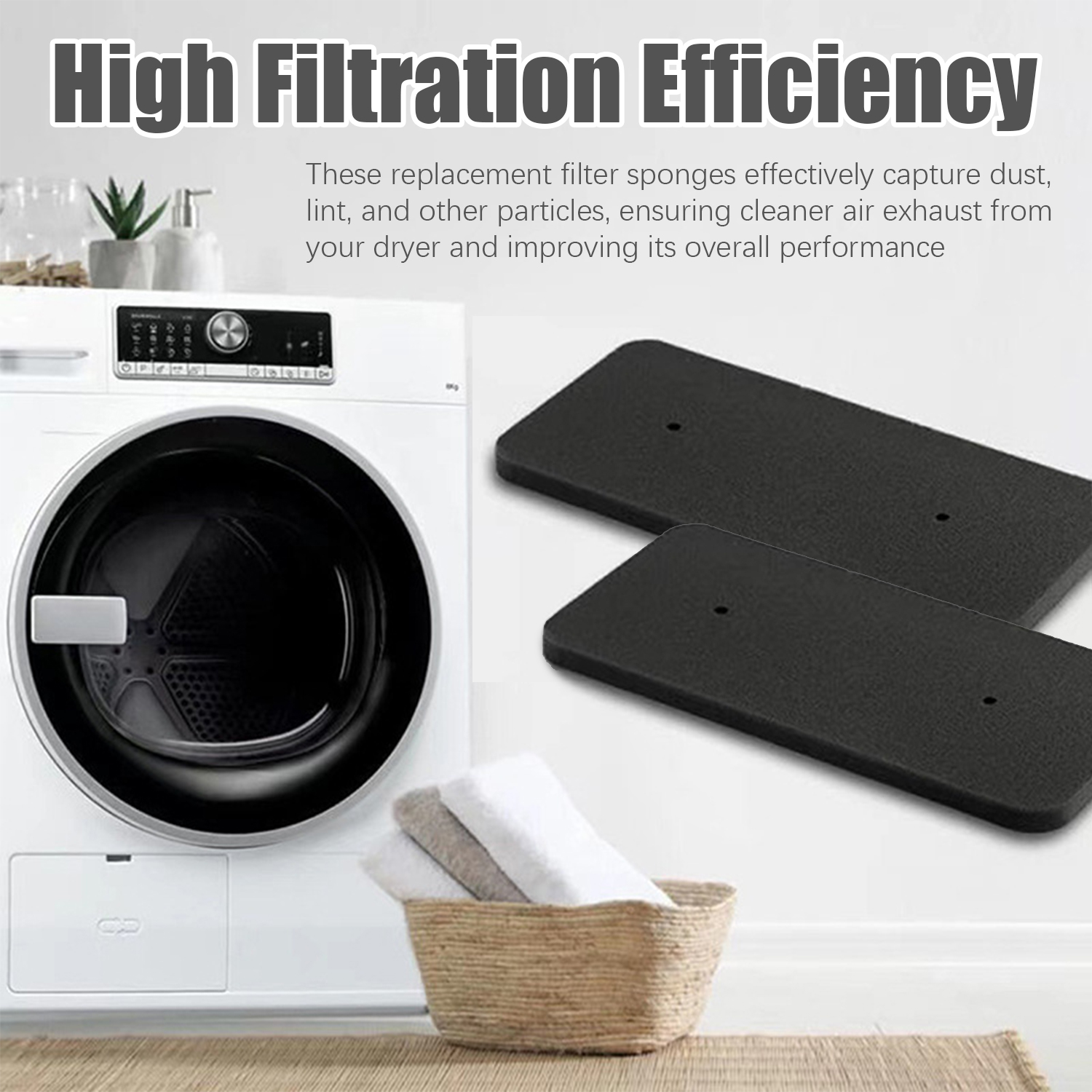 Czarne gąbki filtrujące obok pralki i kosza z ręcznikami.