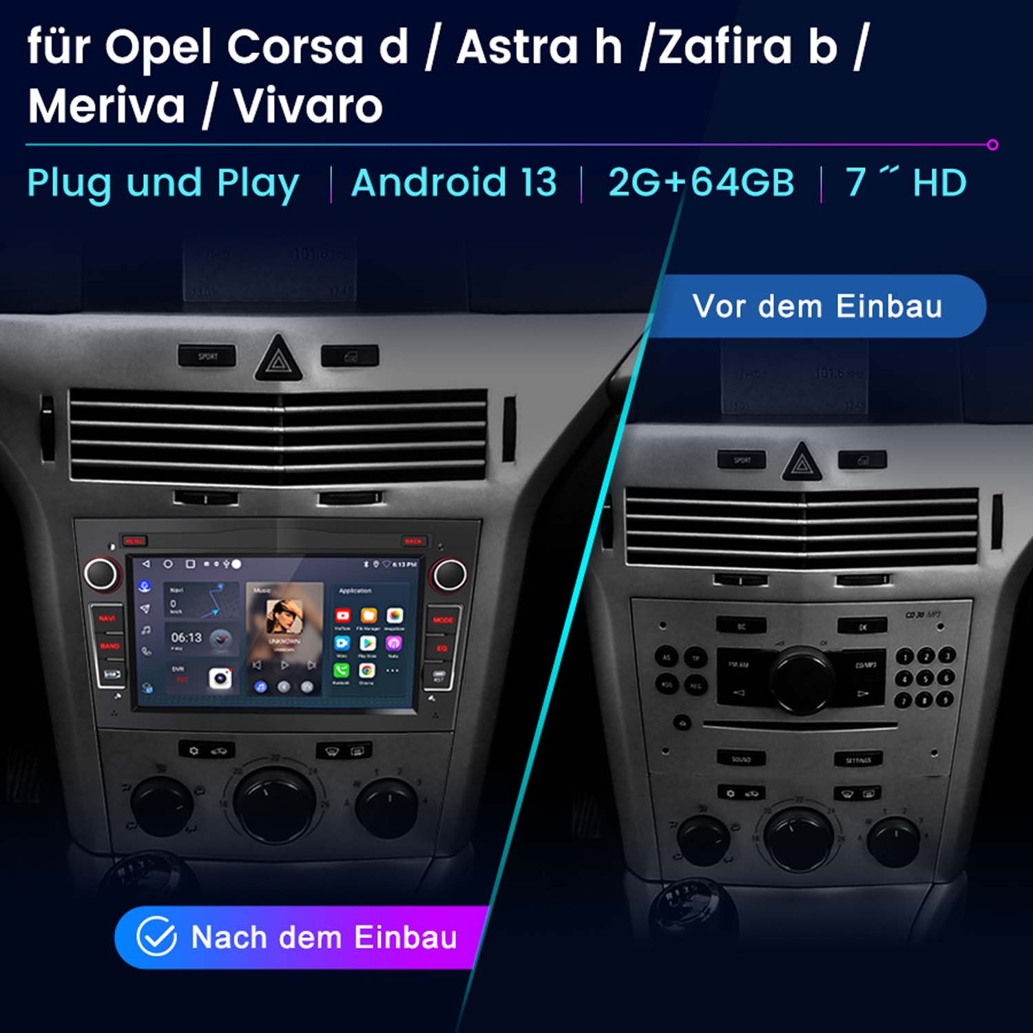 Installazione autoradio. Prima e dopo. Il display mostra l'interfaccia.