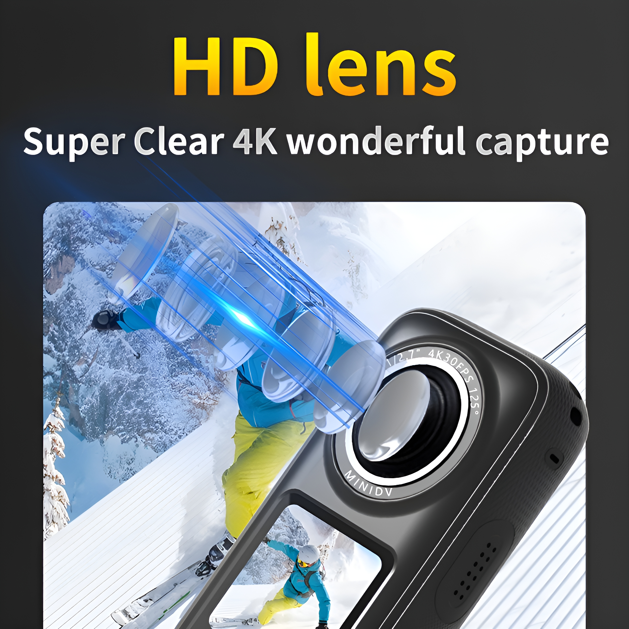 Action-Kamera mit Skifahrer im Hintergrund. Display zeigt Skifahrer. HD-Objektiv-Text.