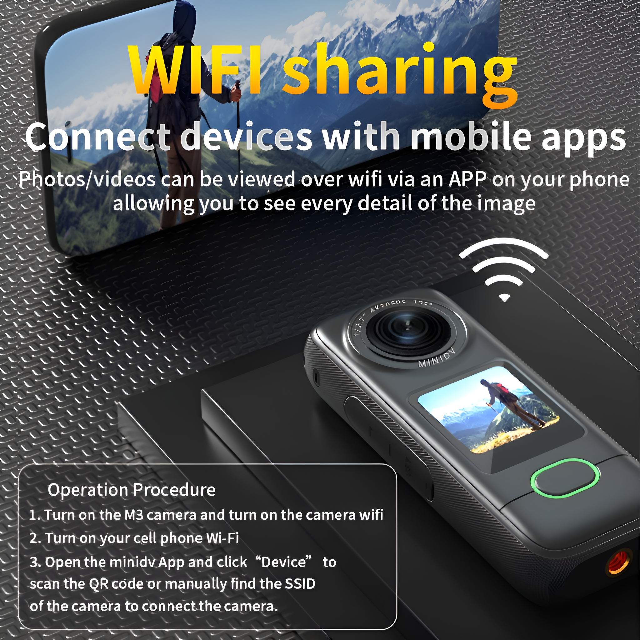 Schwarze Action-Kamera mit Bildschirm. Text: WiFi-Sharing. Schwarze Oberfläche.
