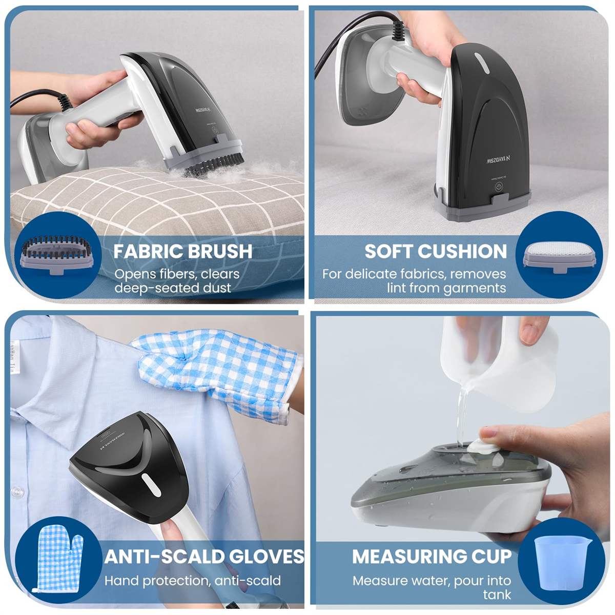 Vier Bilder zeigen einen Handdampfer mit Stoffbürste, weichem Kissen, Anti-Verbrühungs-Handschuhen und Messbecher.