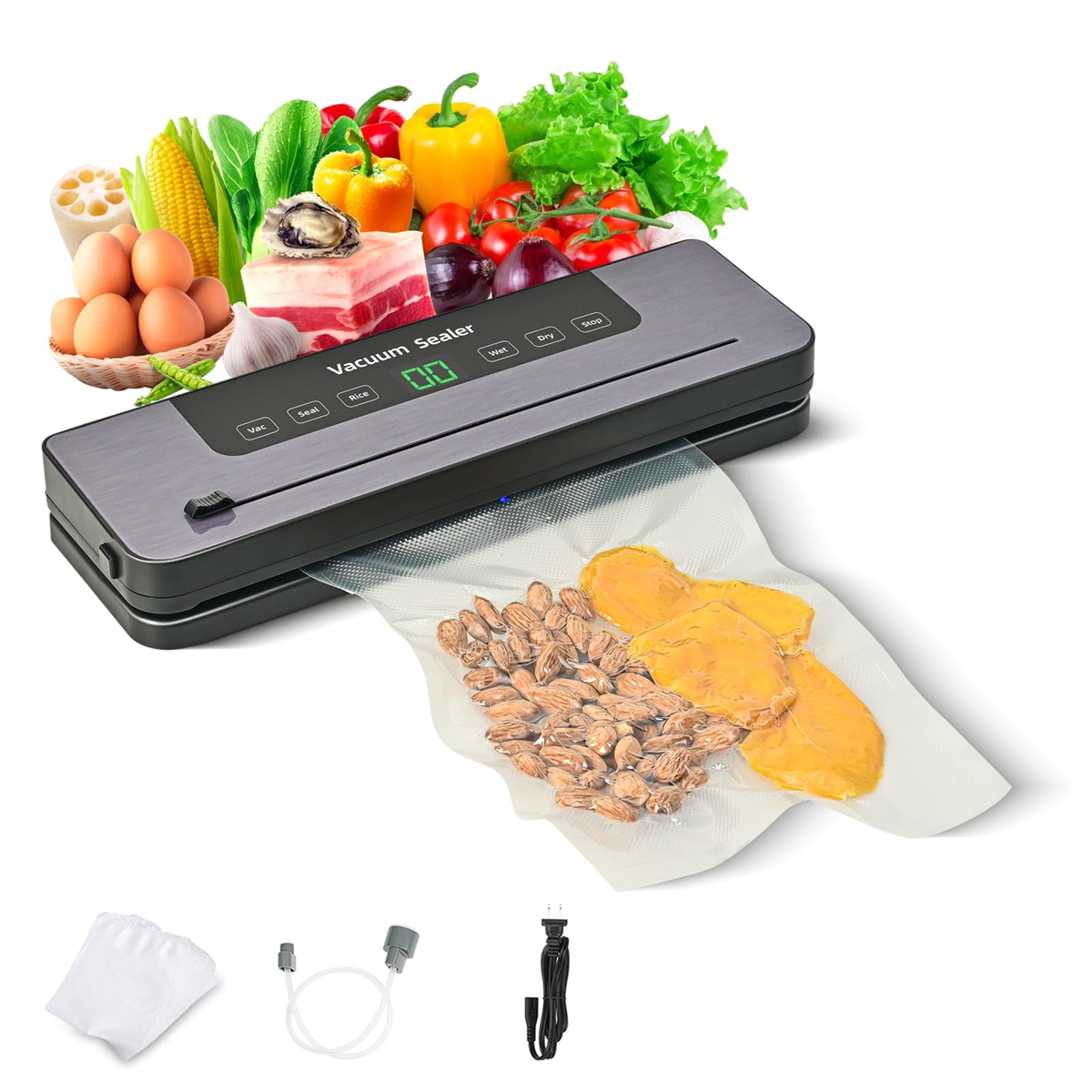 Vakuumiergerät mit Lebensmitteln und Zubehör. Enthält Eier, Fleisch und Gemüse.