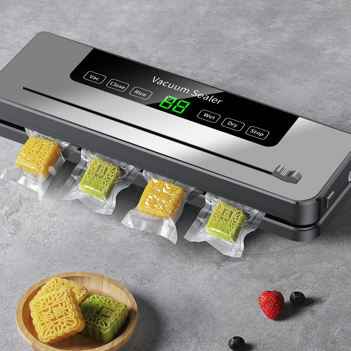 Vakuumiergerät mit verpackten Lebensmitteln. Graue Maschine mit Digitalanzeige. Holzplatte mit Essen.