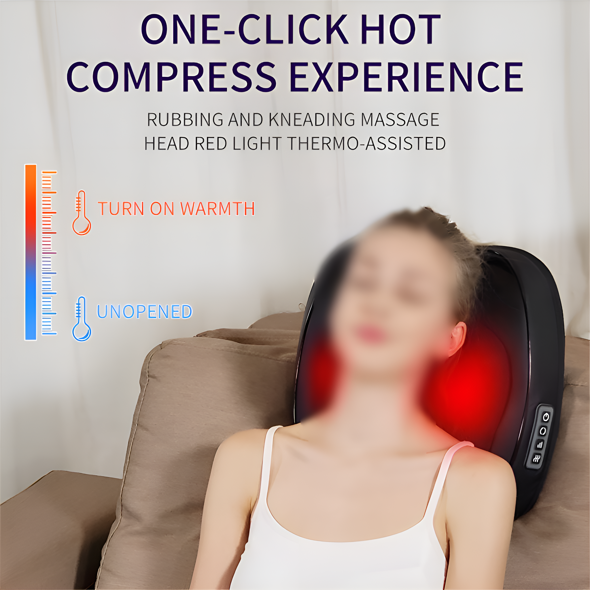 Frau benutzt ein Nackenmassagegerät. Es hat rote Lichter und eine Temperaturanzeige.