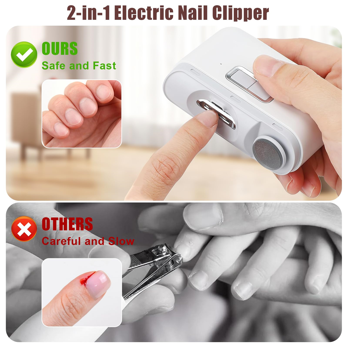 2-in-1 elektrischer Nagelknipser. Zeigt Gerät in Gebrauch und Vergleich.