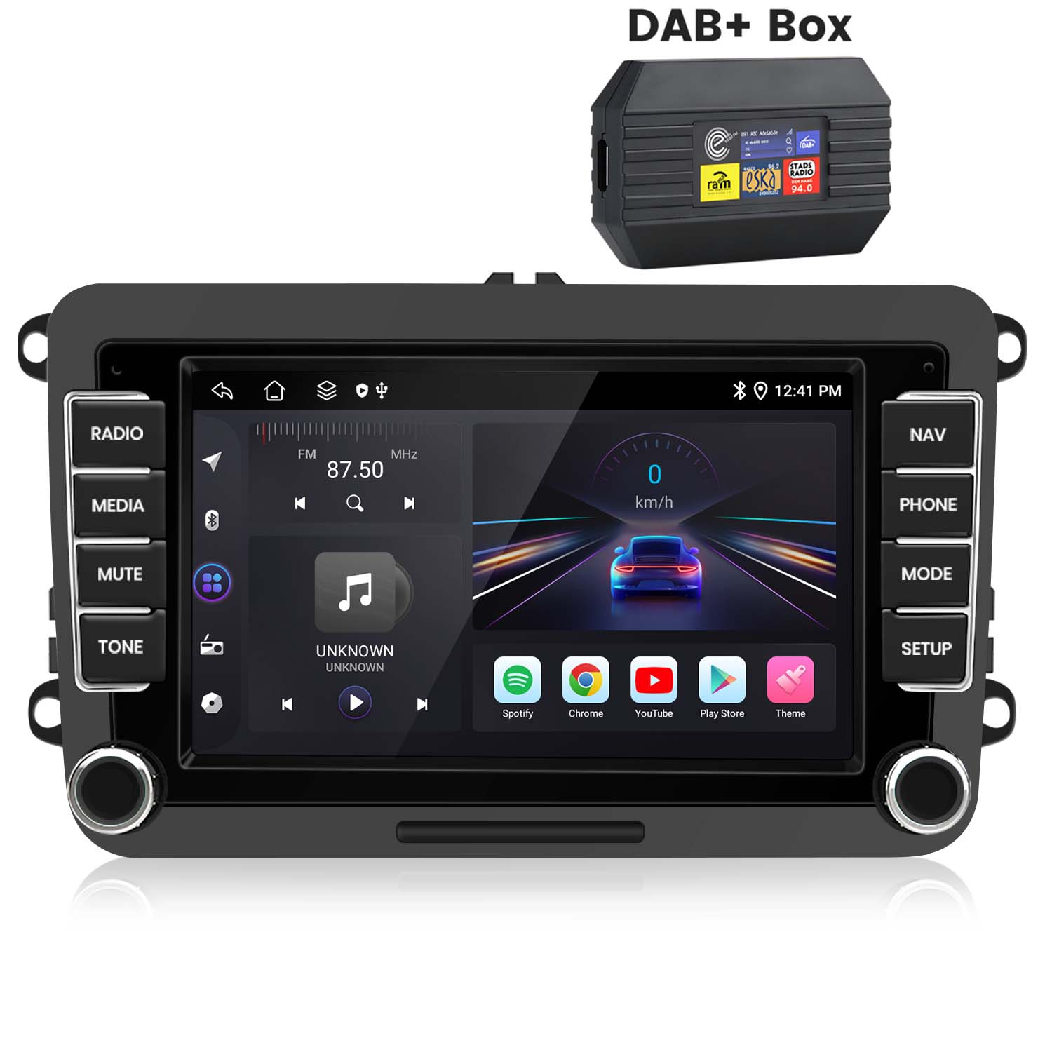 Autoradio con schermo che mostra controlli musicali e navigazione, e un box DAB+.