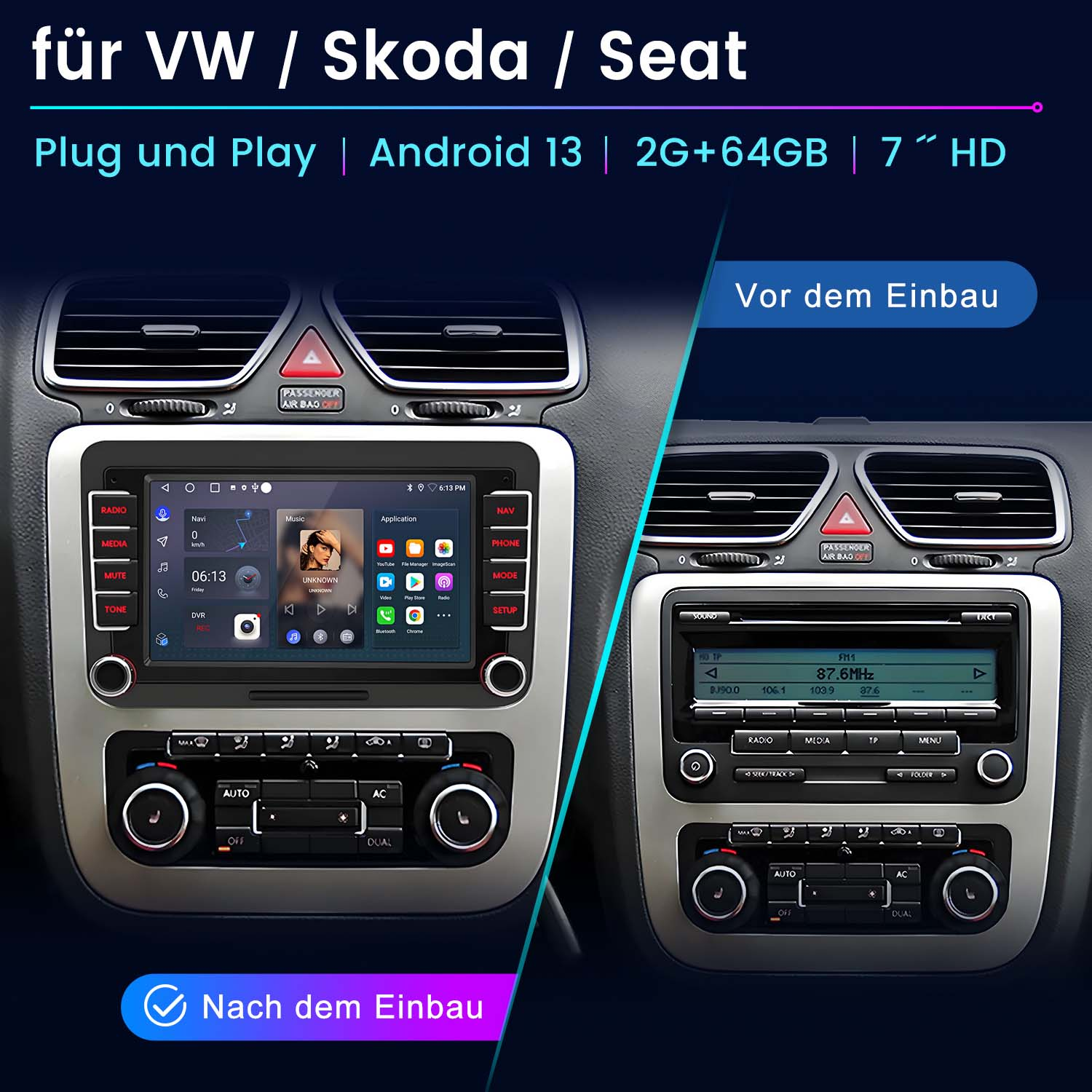 Cruscotto dell'auto con uno schermo che mostra un'app di navigazione. Viene mostrato il prima e il dopo l'installazione.