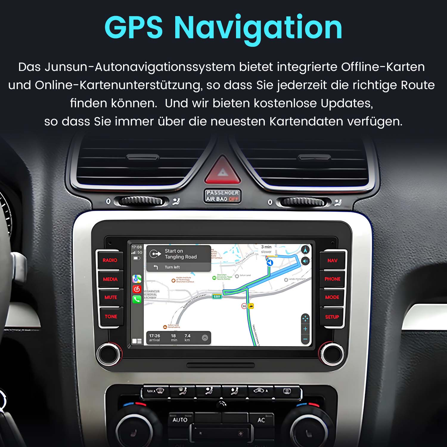 Cruscotto dell'auto con schermo di navigazione. Mappa visualizzata con indicazioni stradali. Testo: Navigazione GPS.