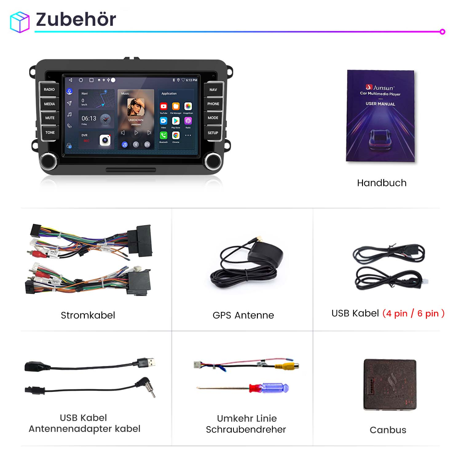 Sistema multimediale per auto con accessori. Include cavi, antenna e manuale.