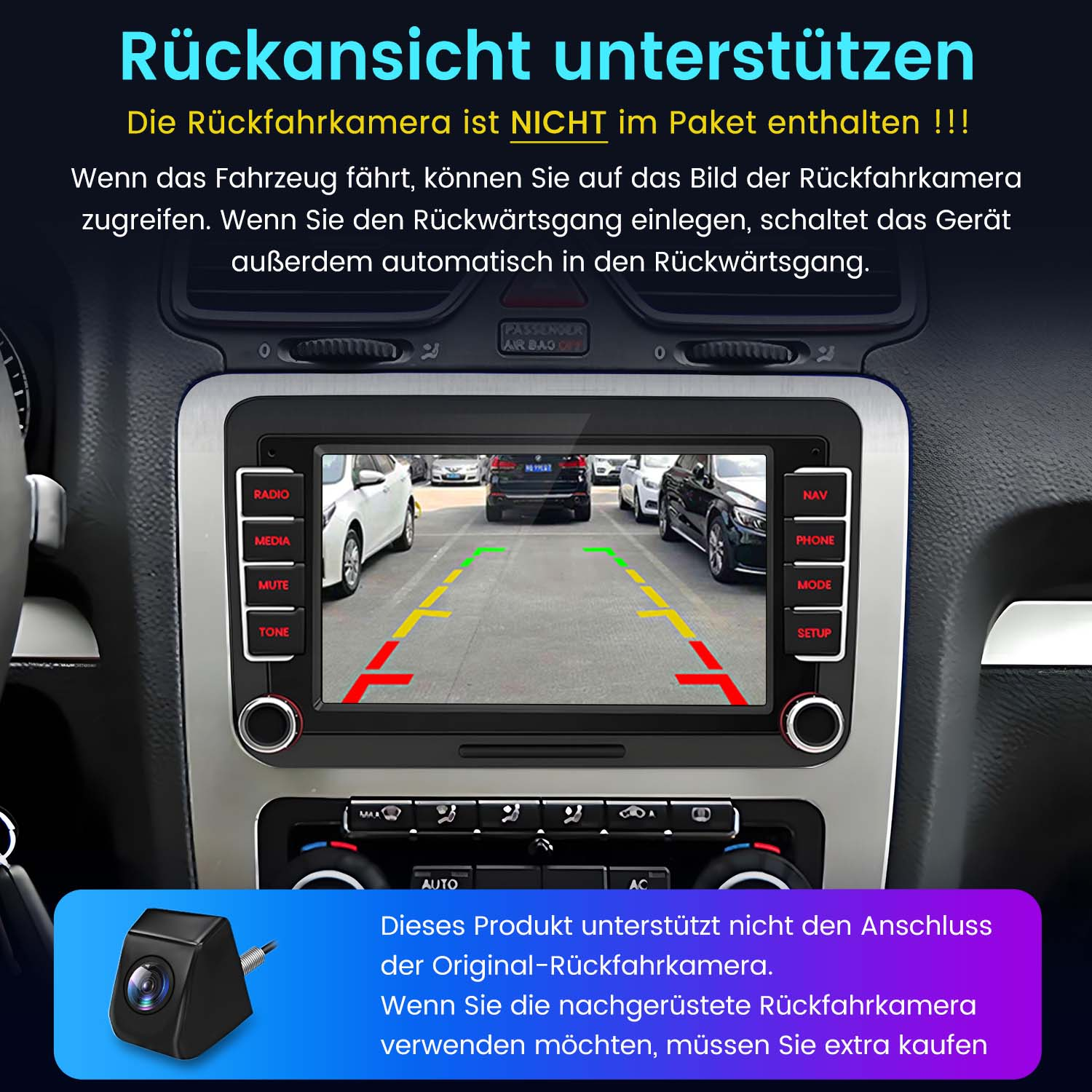 Schermo del cruscotto dell'auto che mostra un'immagine della telecamera posteriore, con sovrapposizioni di testo.