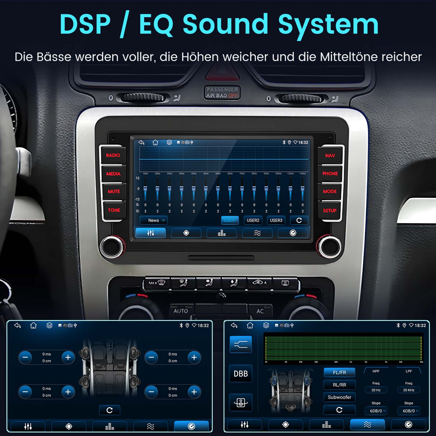 Schermo del sistema di infotainment dell'auto. Visualizza radio, media, navigazione, telefono e opzioni di configurazione.