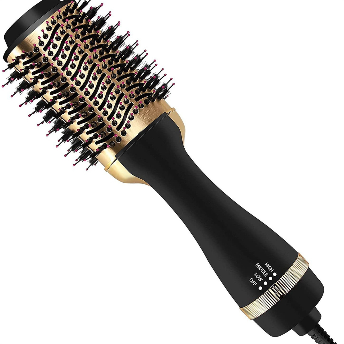 Haartrocknerbürste, schwarz und gold, mit mehreren Einstellungen zum Stylen der Haare.