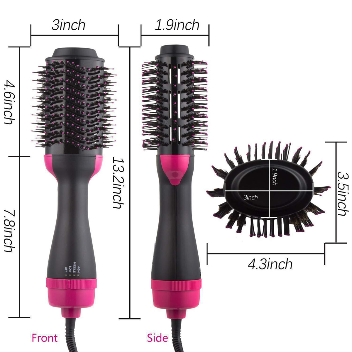 Haarstyling-Werkzeug. Vorder-, Seiten- und Draufsicht mit Maßen.