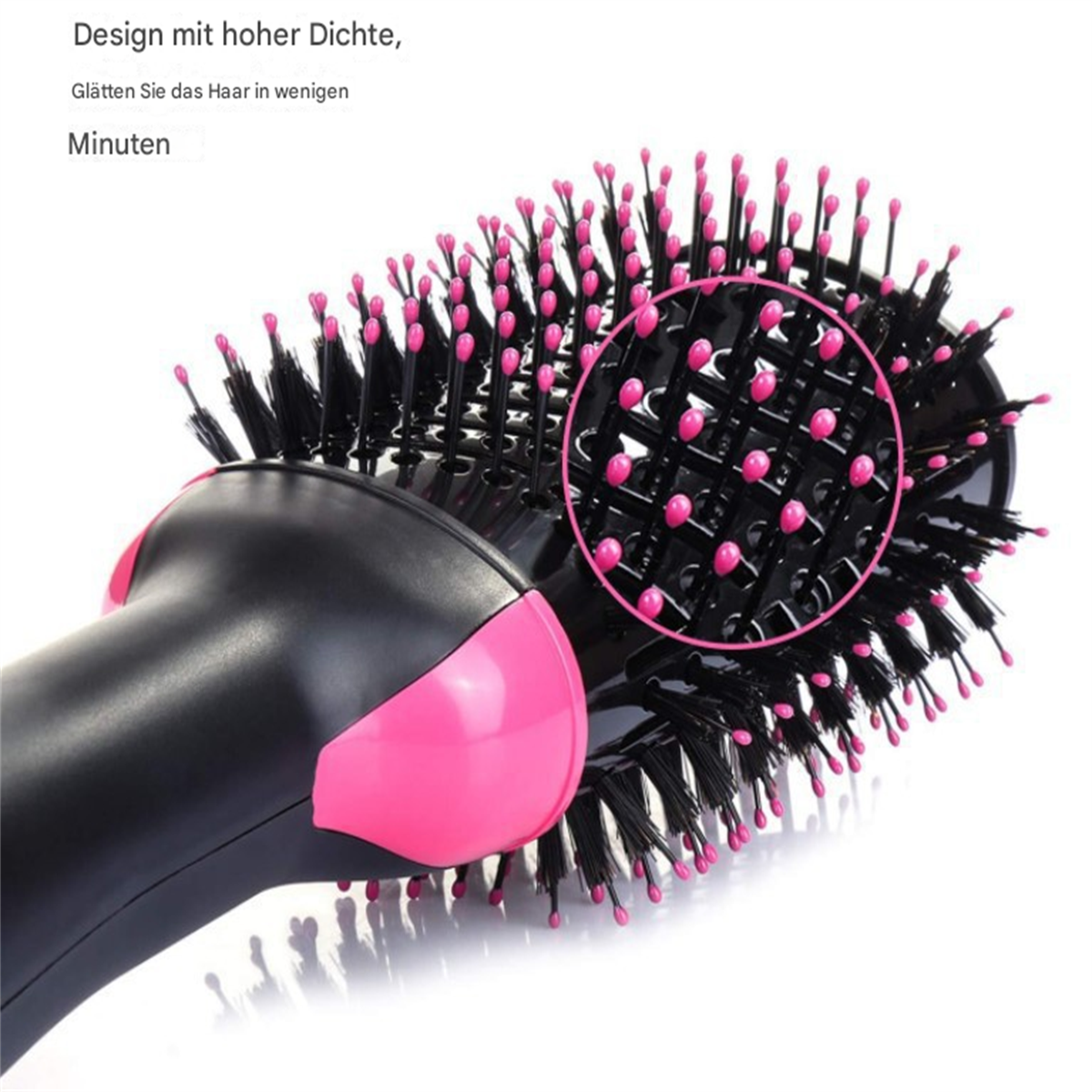 Haartrocknerbürste mit pinken Borsten und schwarzem Körper, Nahaufnahme des Bürstenkopfs.