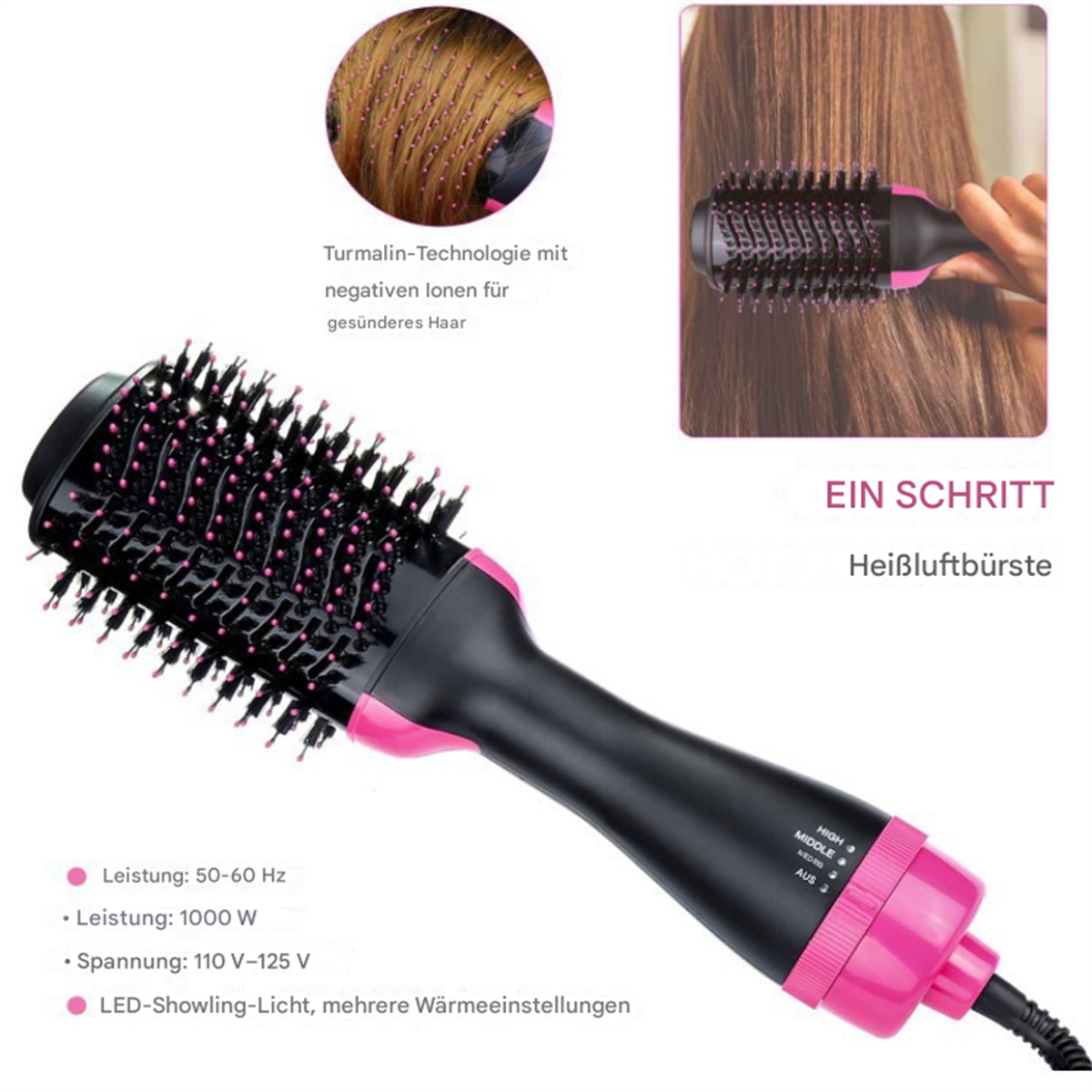 Eine schwarz-pinke Heißluftbürste mit Text auf Deutsch.