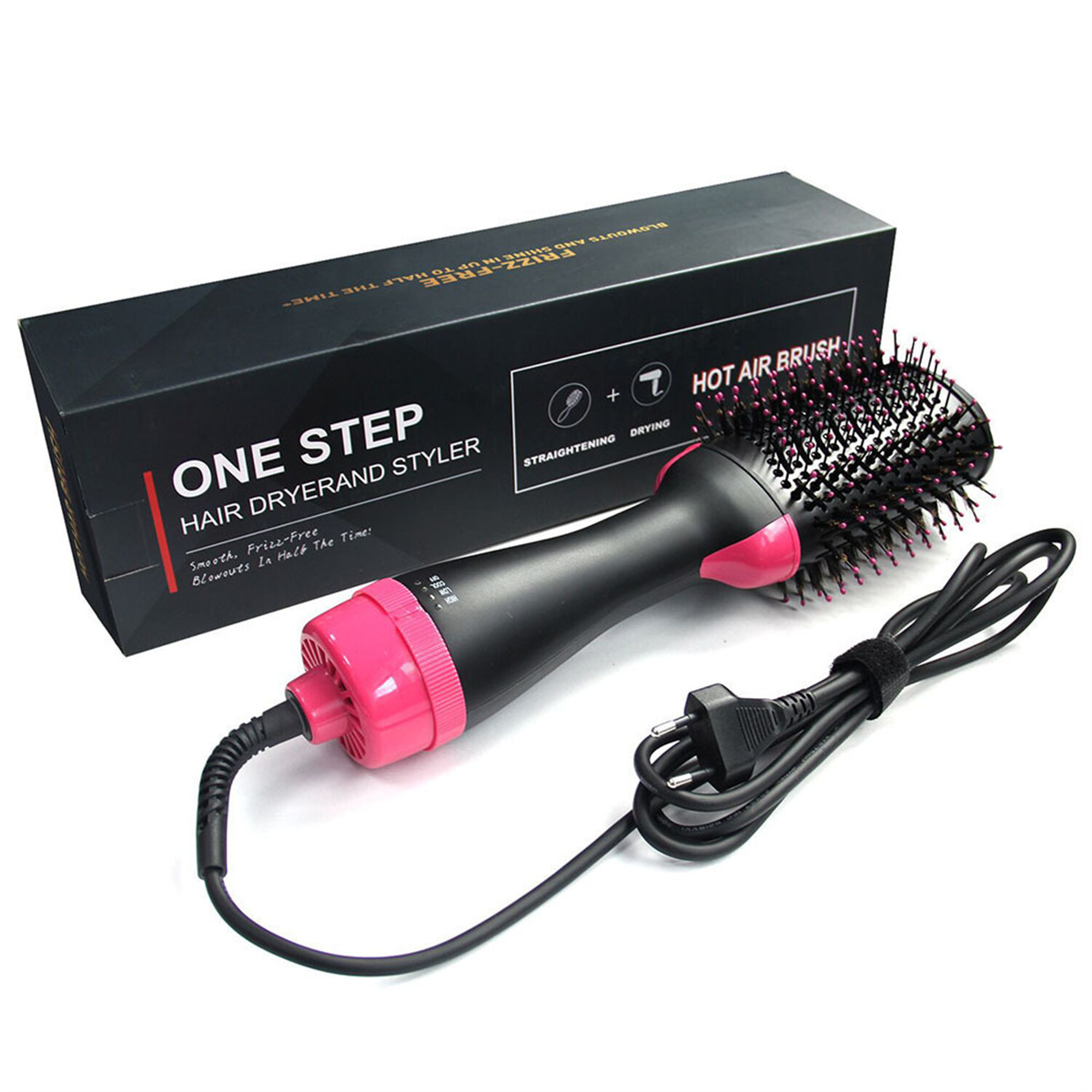 Haartrockner- und Styler-Kit mit schwarzer Verpackung und rosa Akzenten. Das Produkt hat einen Bürstenkopf.
