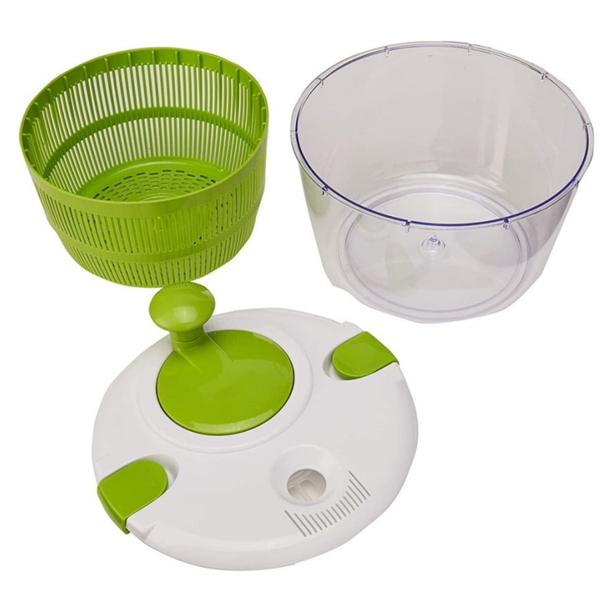 Ein grüner Salat-Spinner mit drei Teilen: einem grünen Korb, einem transparenten Behälter und einem Deckel mit Griff.