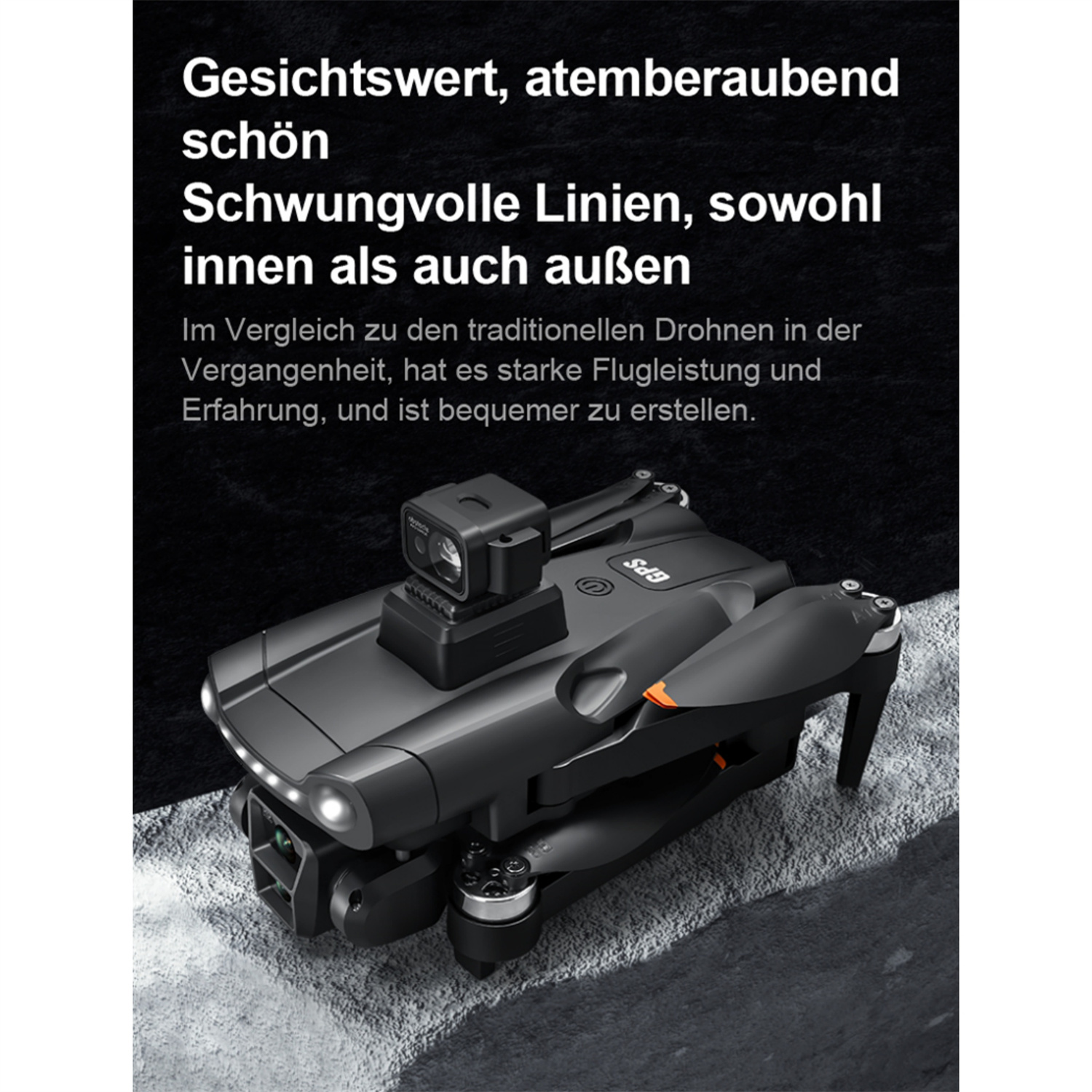 Schwarze Drohne mit Kamera auf rauer Oberfläche. Text auf Deutsch.