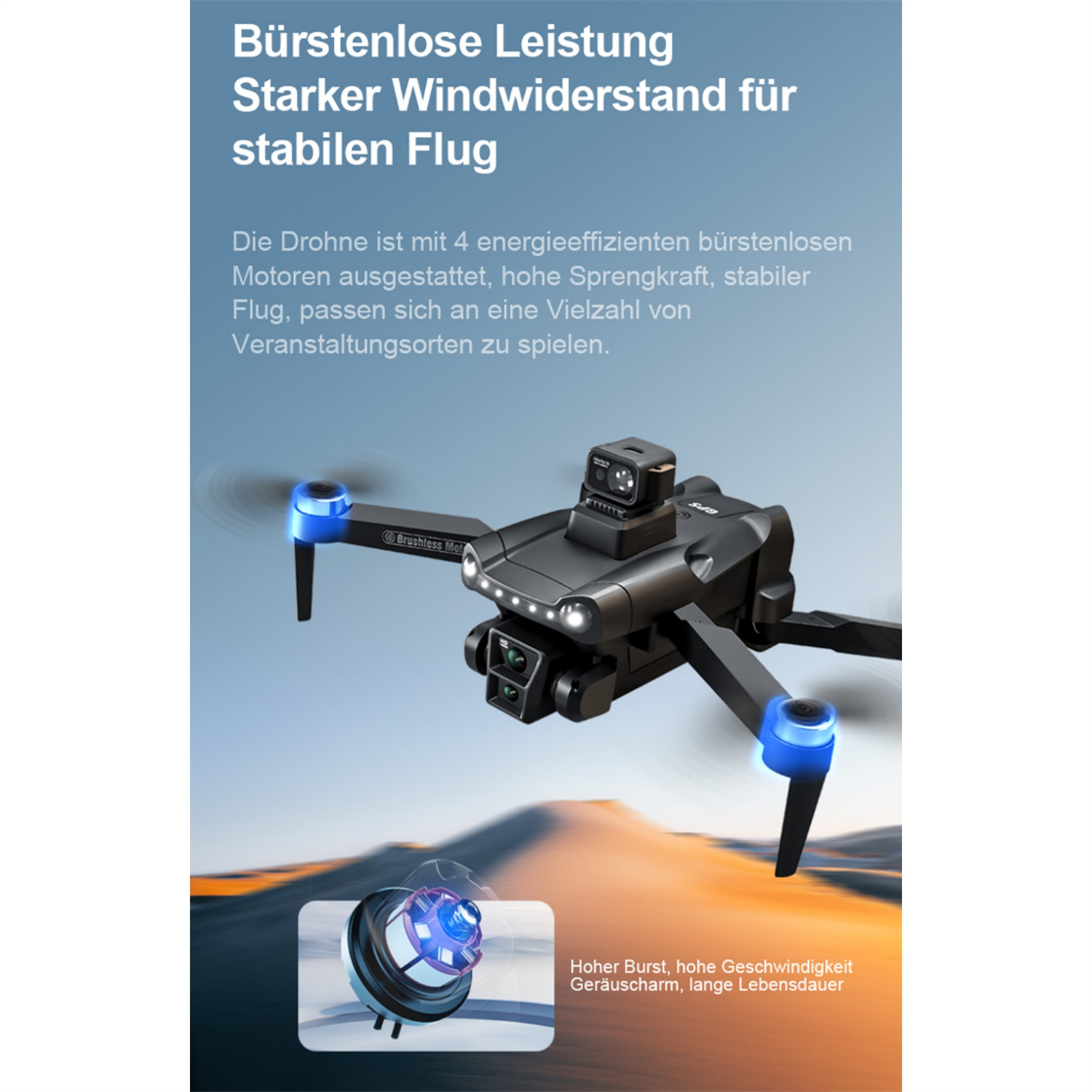 Eine schwarze Drohne im Flug, mit blauen Lichtern und Text. Zeigt Drohne und Merkmale.