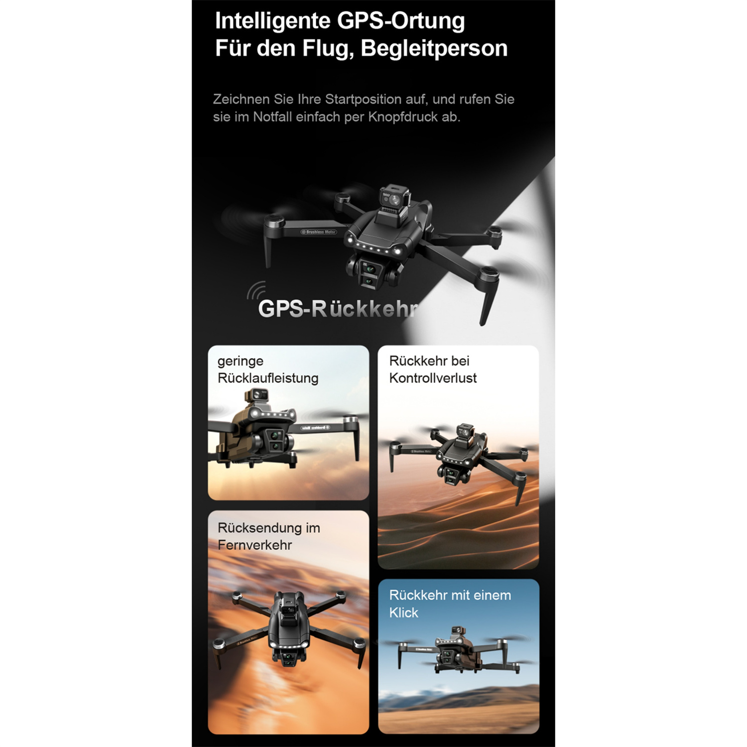Eine Drohne, die GPS-Rückkehr und Funktionen wie geringe Rückkehrleistung, Rückkehr bei Verlust und Rückkehr per Klick zeigt.