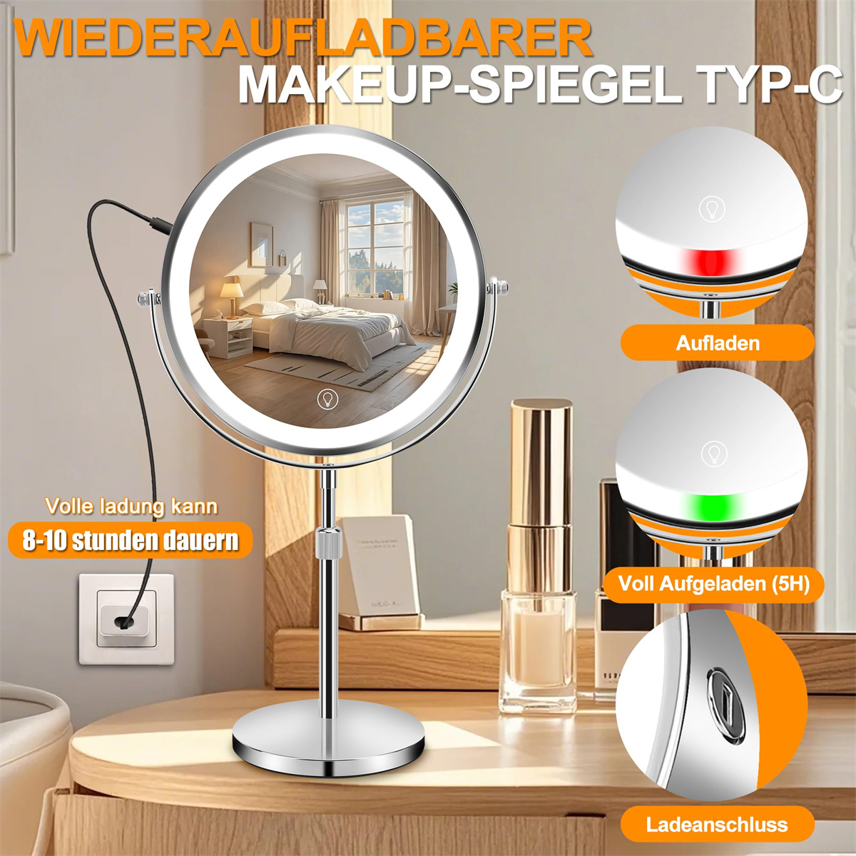 Make-up-Spiegel mit Licht, Kosmetika auf dem Tisch. Digitalanzeige, Ladestatus.