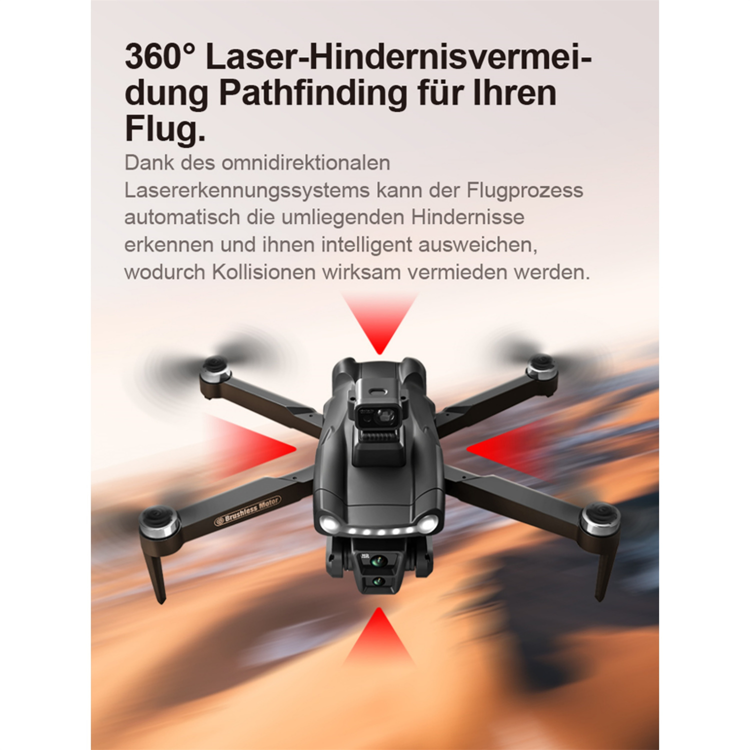 Schwarze Drohne mit vier Propellern, roten Lichtern und Text auf weißem Hintergrund.