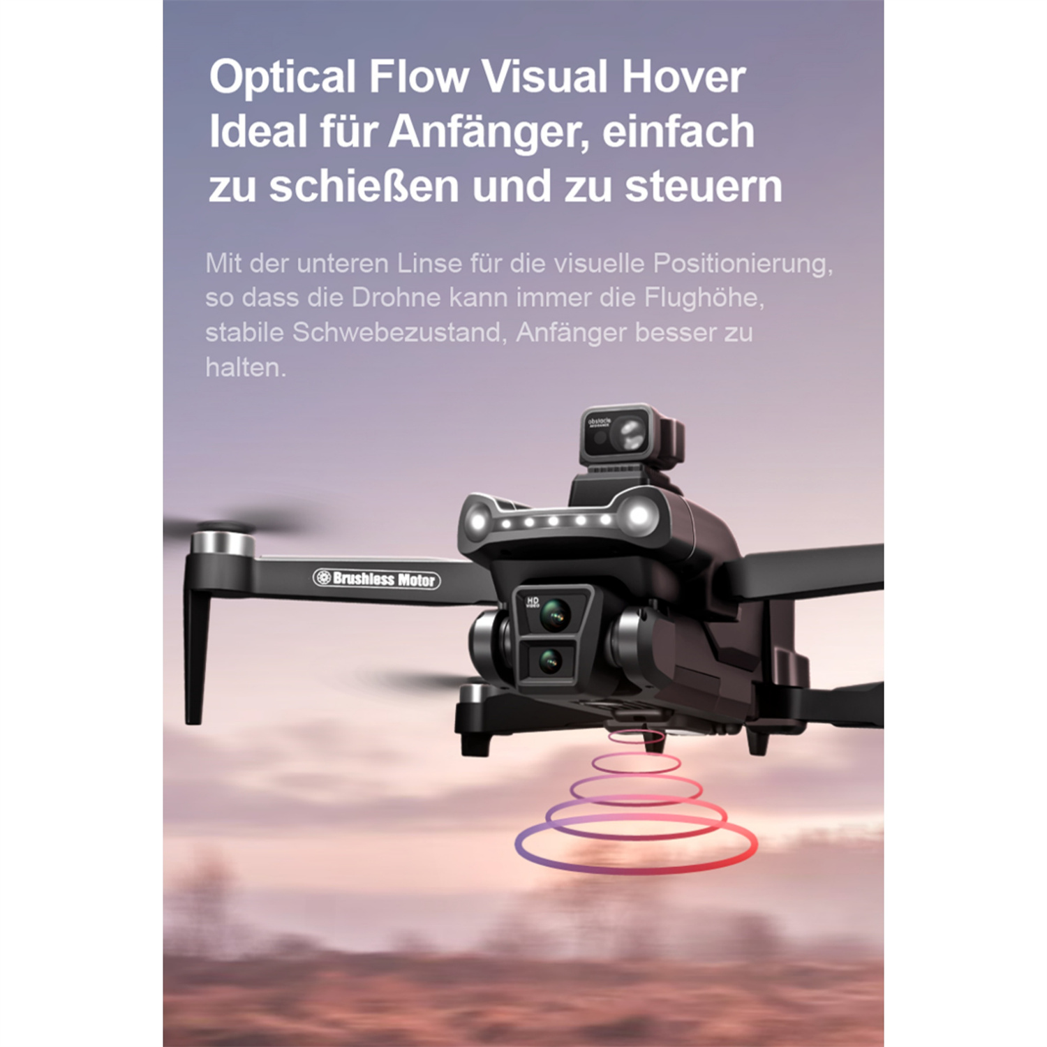 Drohne mit Text oben. Sie ist schwarz und hat eine Kamera.