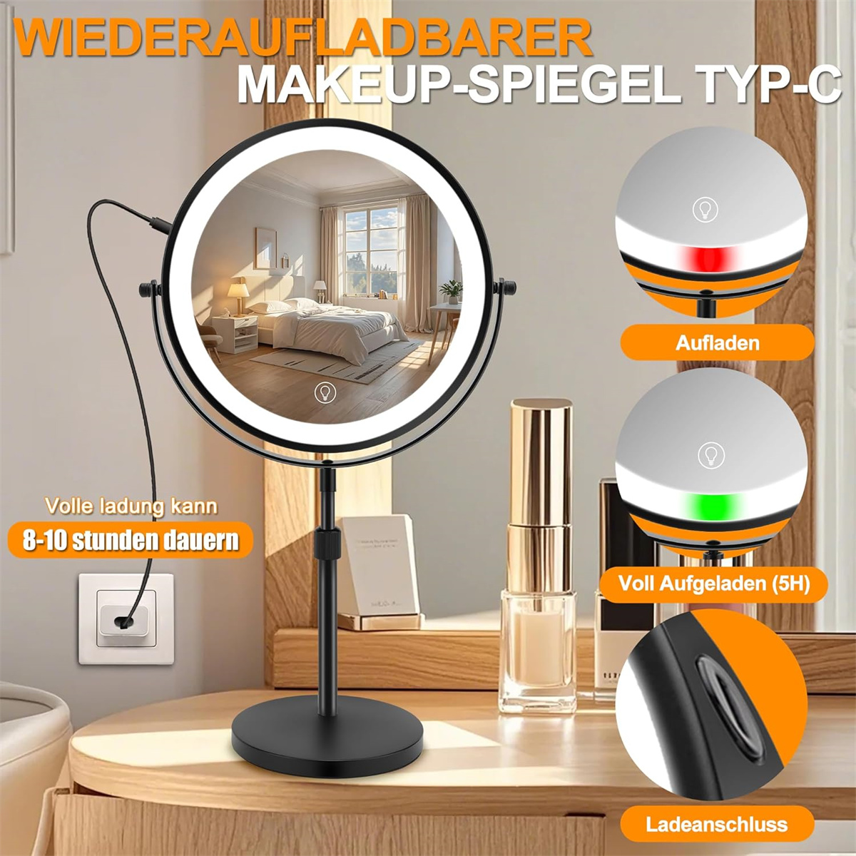 Schminkspiegel mit Licht, Ladeanzeige und Netzschalter. Weißer Hintergrund.