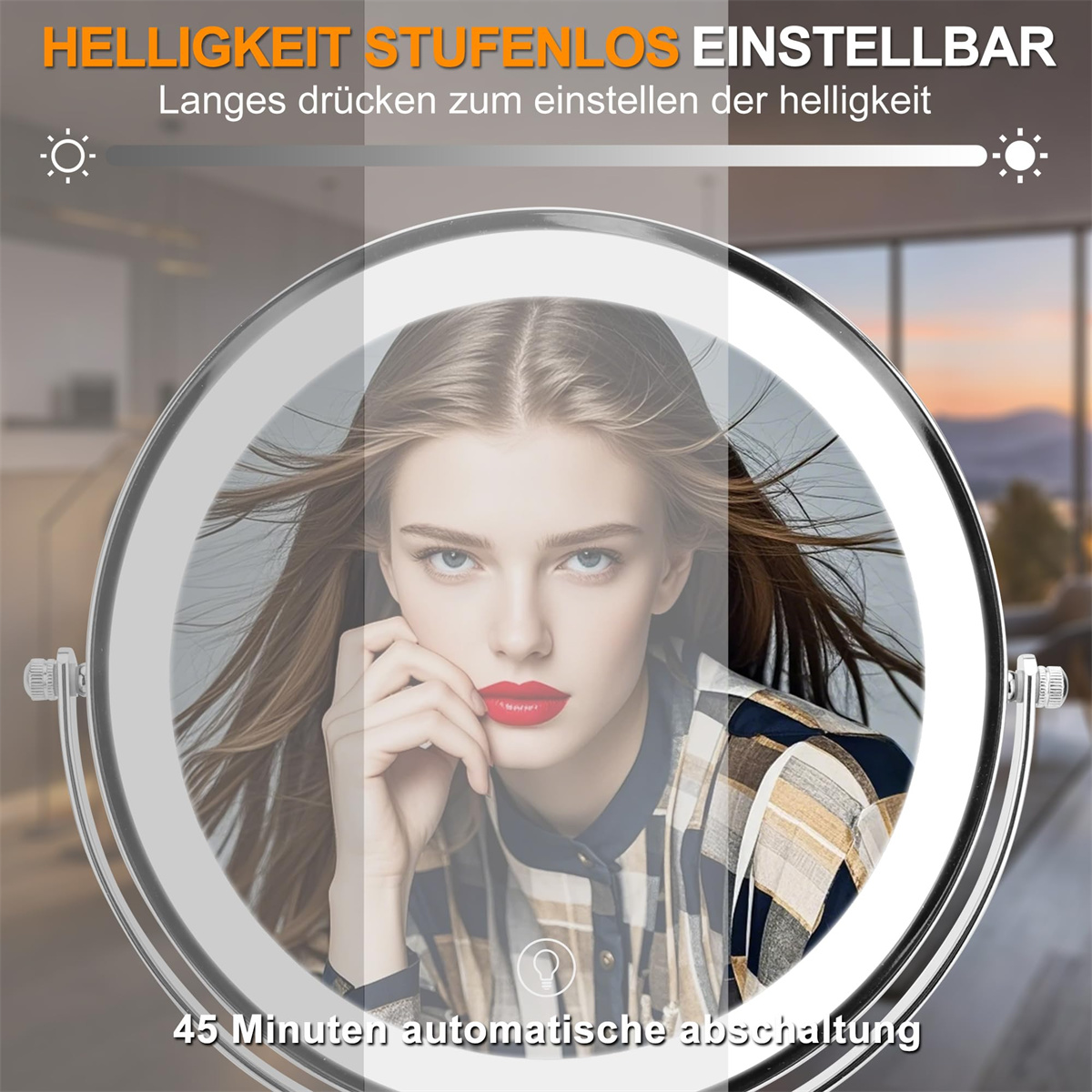 Eine Frau, die in einen beleuchteten Schminkspiegel schaut. Der Spiegel befindet sich in einem Raum.