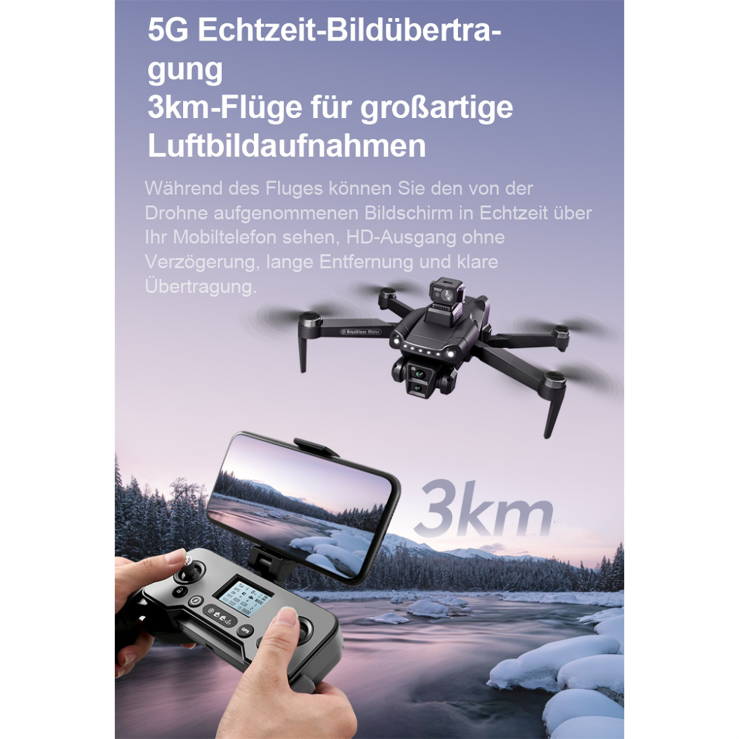 Drohne fliegt mit Smartphone, das Live-Ansicht zeigt. Text auf Deutsch. Schneebedeckte Landschaft.