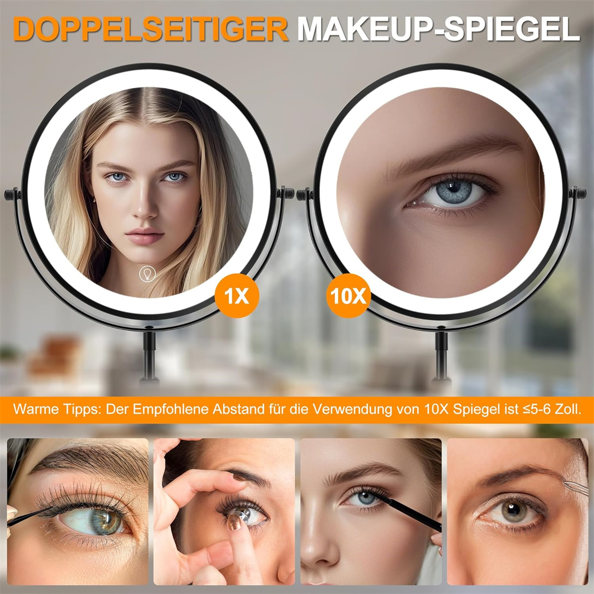 Ein Make-up-Spiegel mit 1x und 10x Vergrößerung. Darunter Nahaufnahmen von Augen-Make-up.