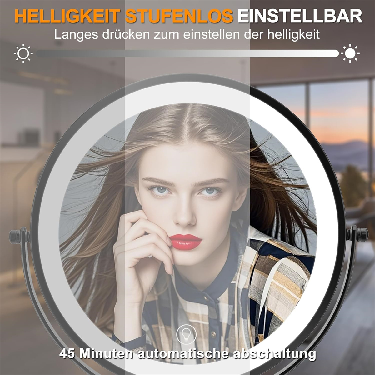 Eine Frau blickt in einen beleuchteten runden Spiegel. Sie hat roten Lippenstift und trägt ein kariertes Hemd.