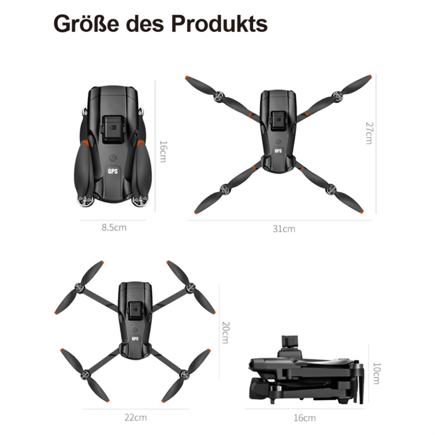 Drohnen-Abmessungen-Grafik. Zeigt Draufsicht, Seitenansicht und Unteransicht mit Maßen in cm.